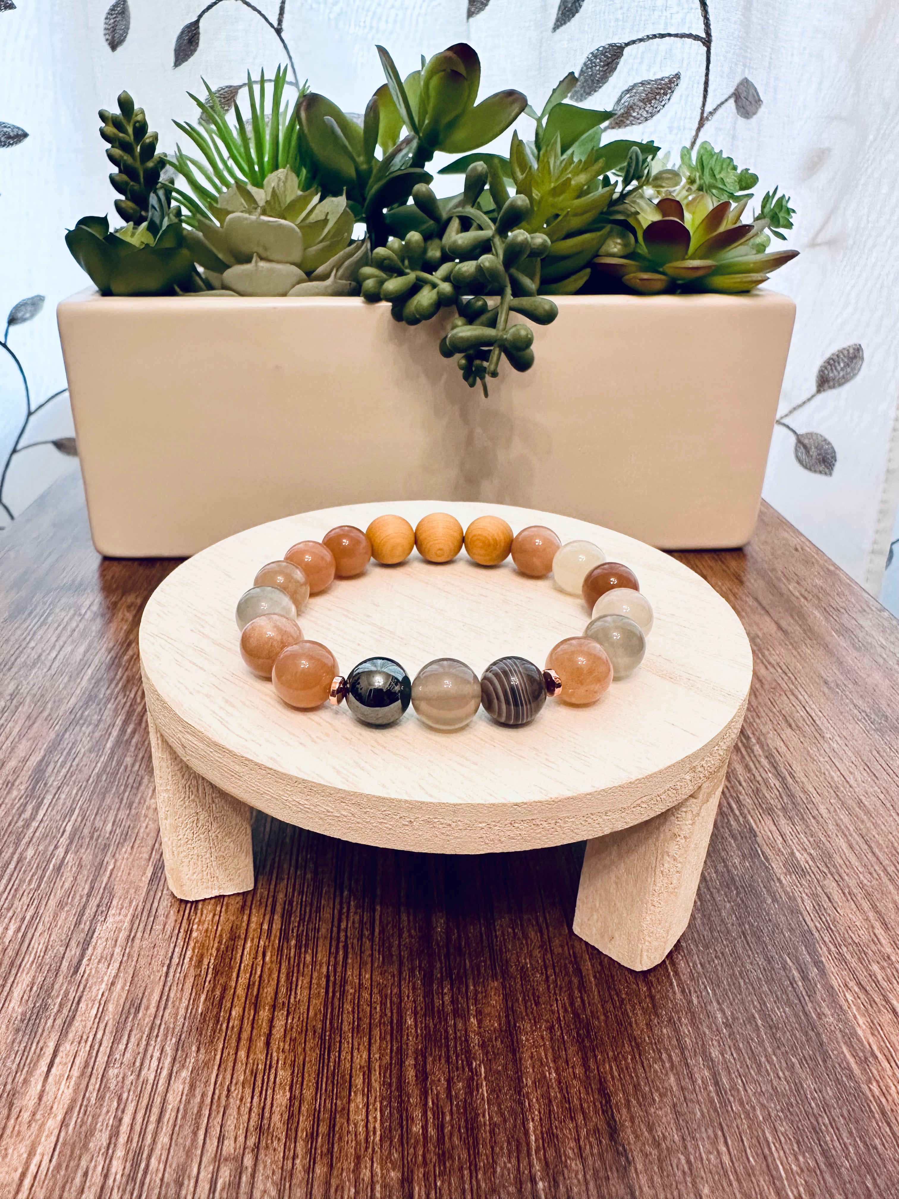 Handmade Natural Gemstone Bracelet with Rainbow Mooonstone, Agate, Hematite and Cypress wood beads.10mm bracelet.