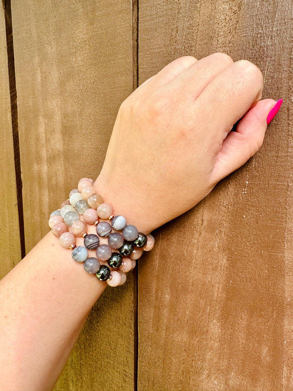 Handmade Natural Gemstone Bracelet with Rainbow Mooonstone, Agate, Hematite and Cypress wood beads.10mm bracelet.