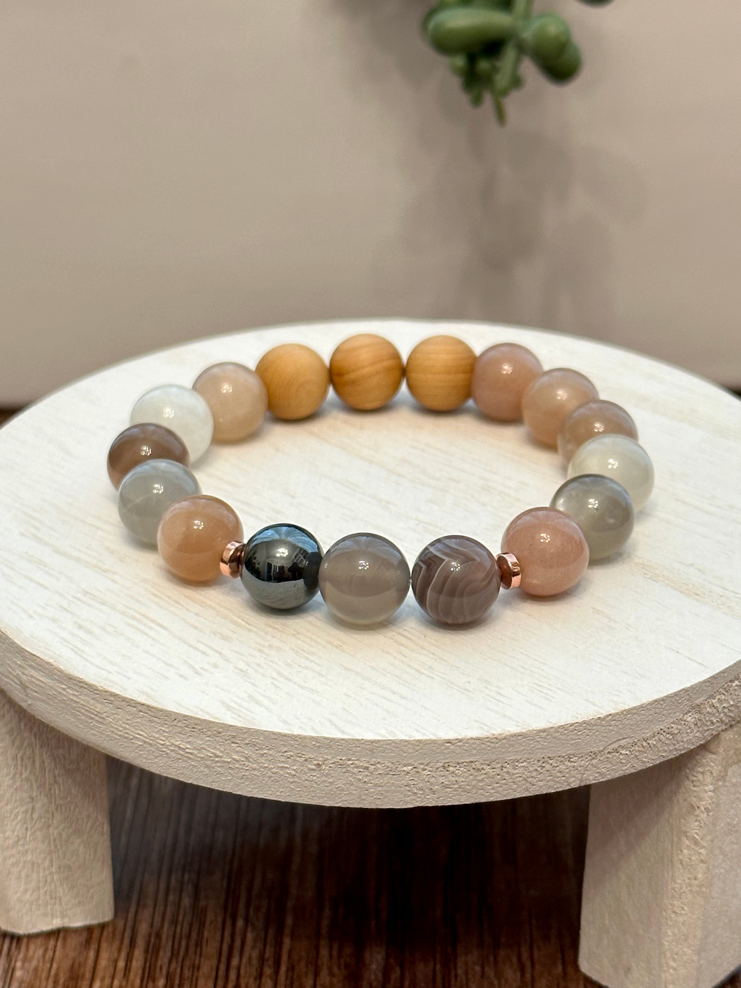 Handmade Natural Gemstone Bracelet with Rainbow Mooonstone, Agate, Hematite and Cypress wood beads.10mm bracelet.