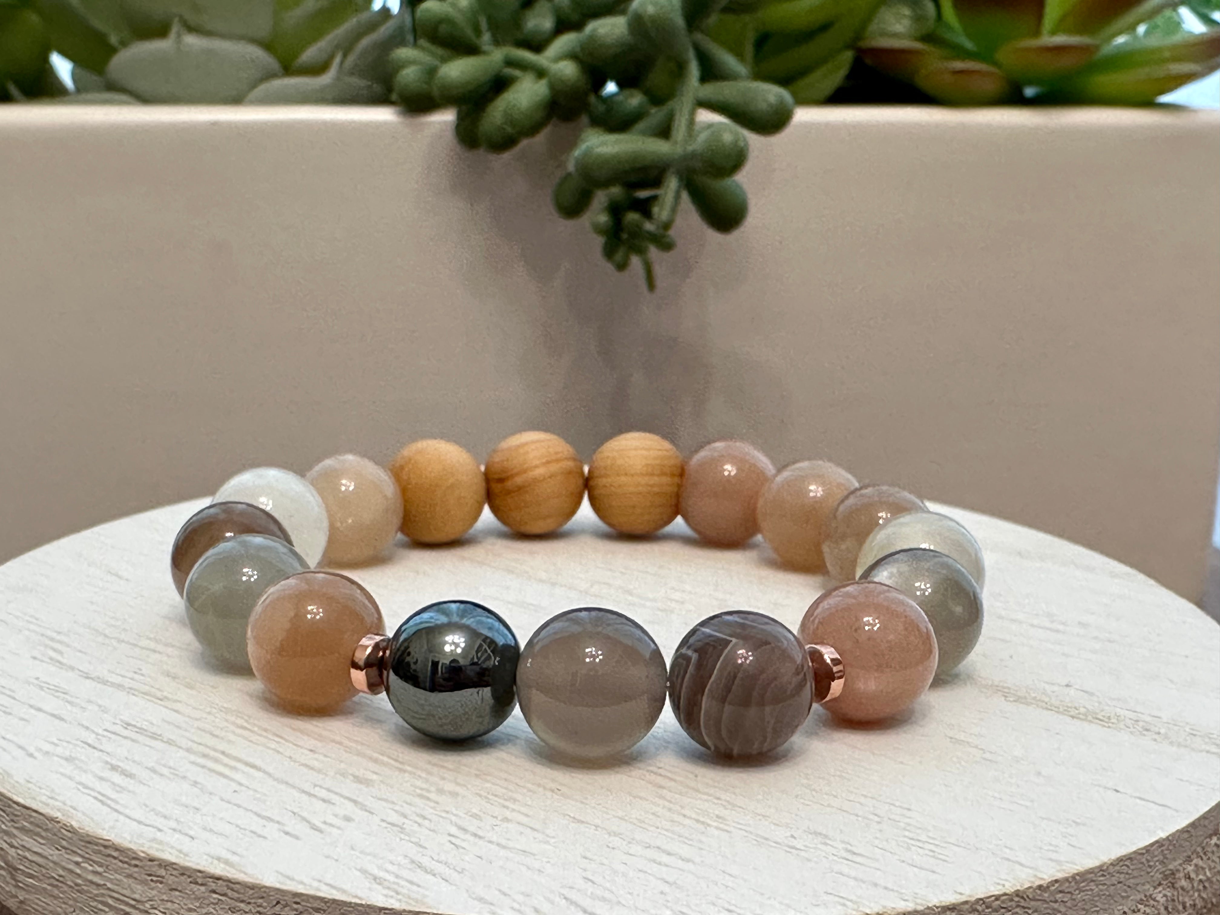 Handmade Natural Gemstone Bracelet with Rainbow Mooonstone, Agate, Hematite and Cypress wood beads.10mm bracelet.