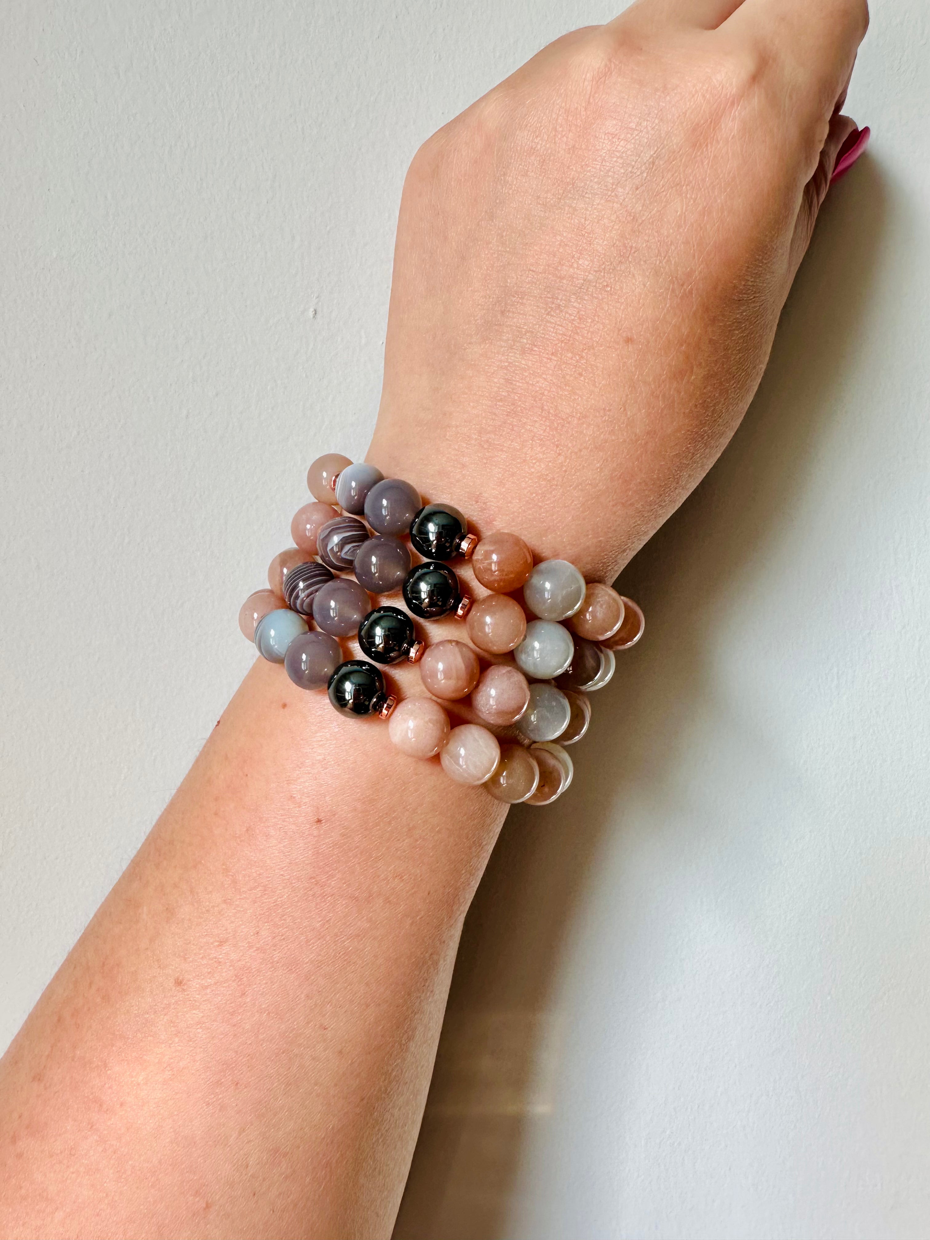 Handmade Natural Gemstone Bracelet with Rainbow Mooonstone, Agate, Hematite and Cypress wood beads.10mm bracelet.