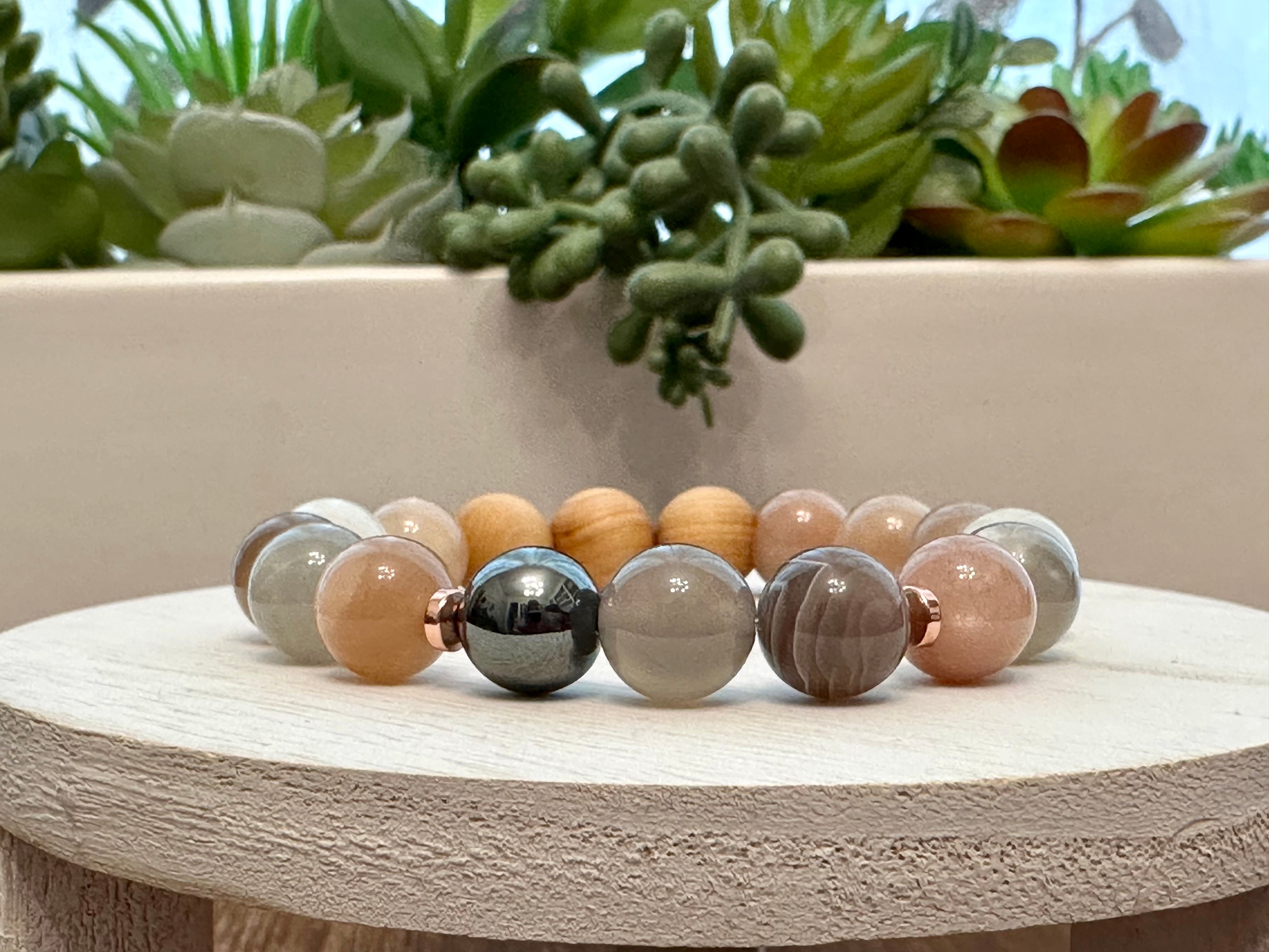 Handmade Natural Gemstone Bracelet with Rainbow Mooonstone, Agate, Hematite and Cypress wood beads.10mm bracelet.