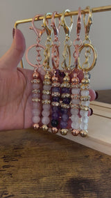 Natural Gemstone Rose Gold, Gold keychain. Rose quartz, quartz, amethyst crystal key chain.