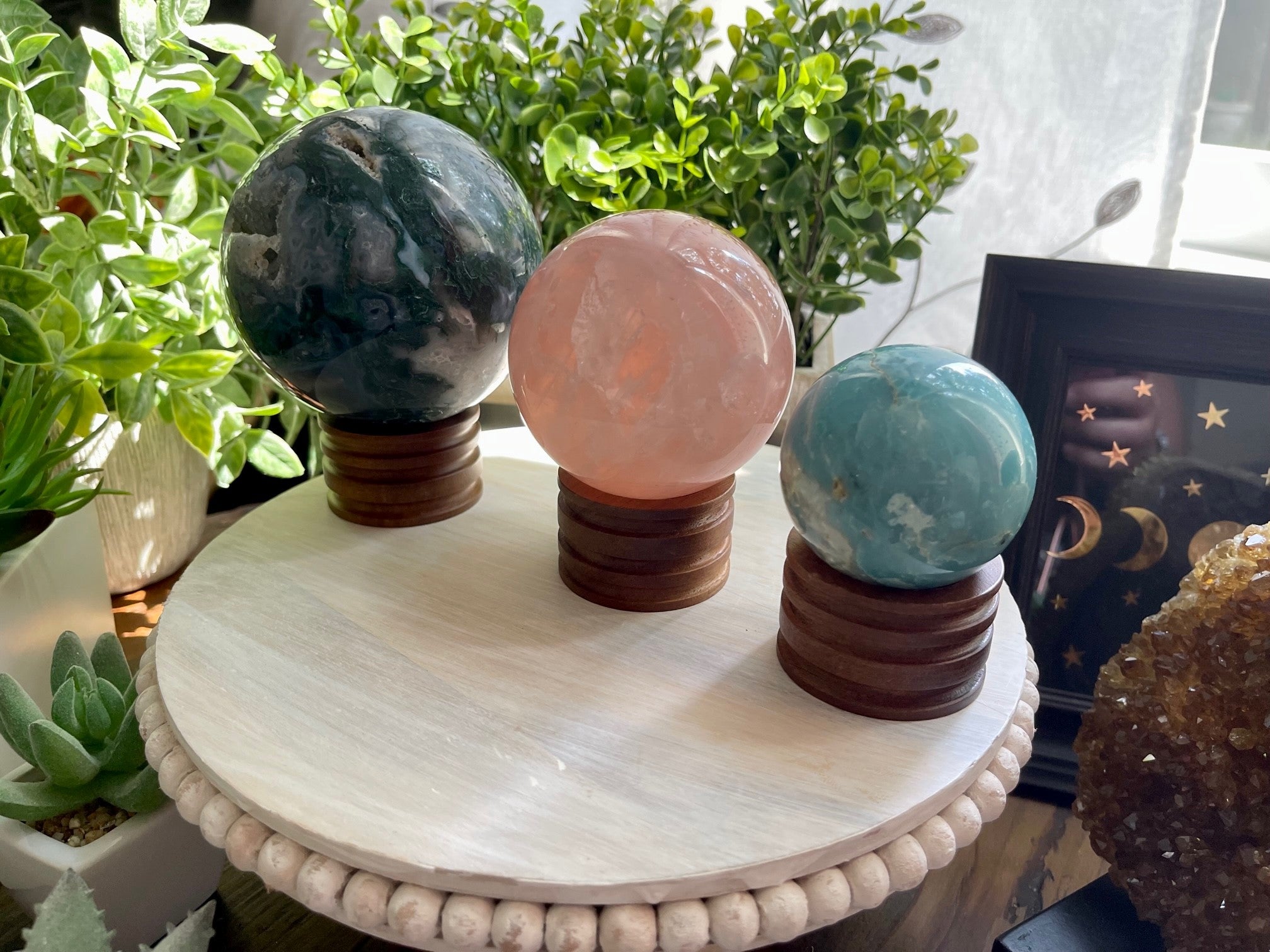 Carved wood Sphere Holders. Modern display for crystal spheres.