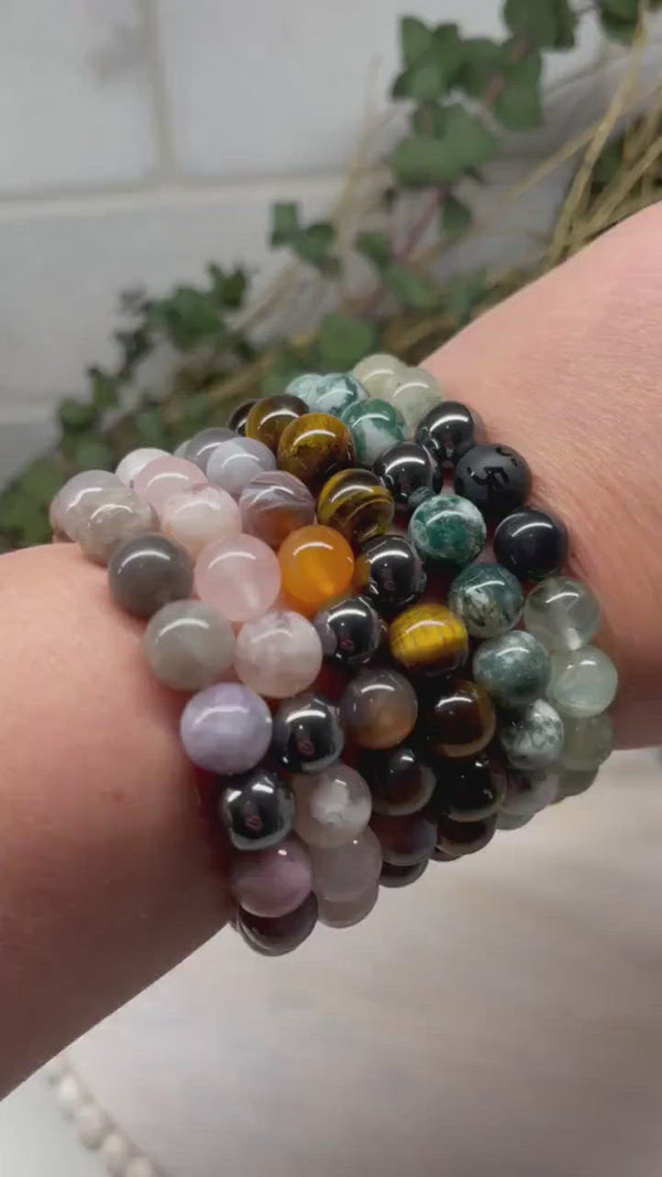 Handmade Natural Gemstone Bracelet with Moss Agate, Hematite and Cypress wood beads round beads 10mm bracelet.