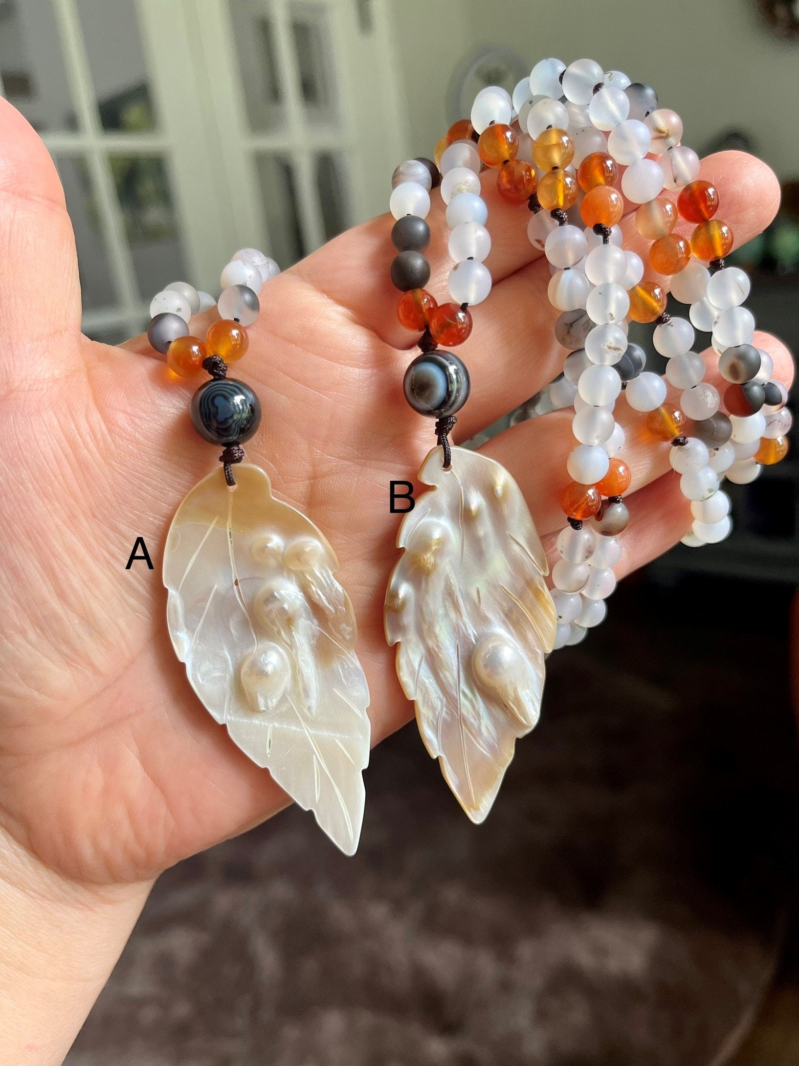 Chic Agate and Mother of Pearl necklace to enhance confidence. Self acceptance. Enhance energy protection. Feminine energy. Gifts for her