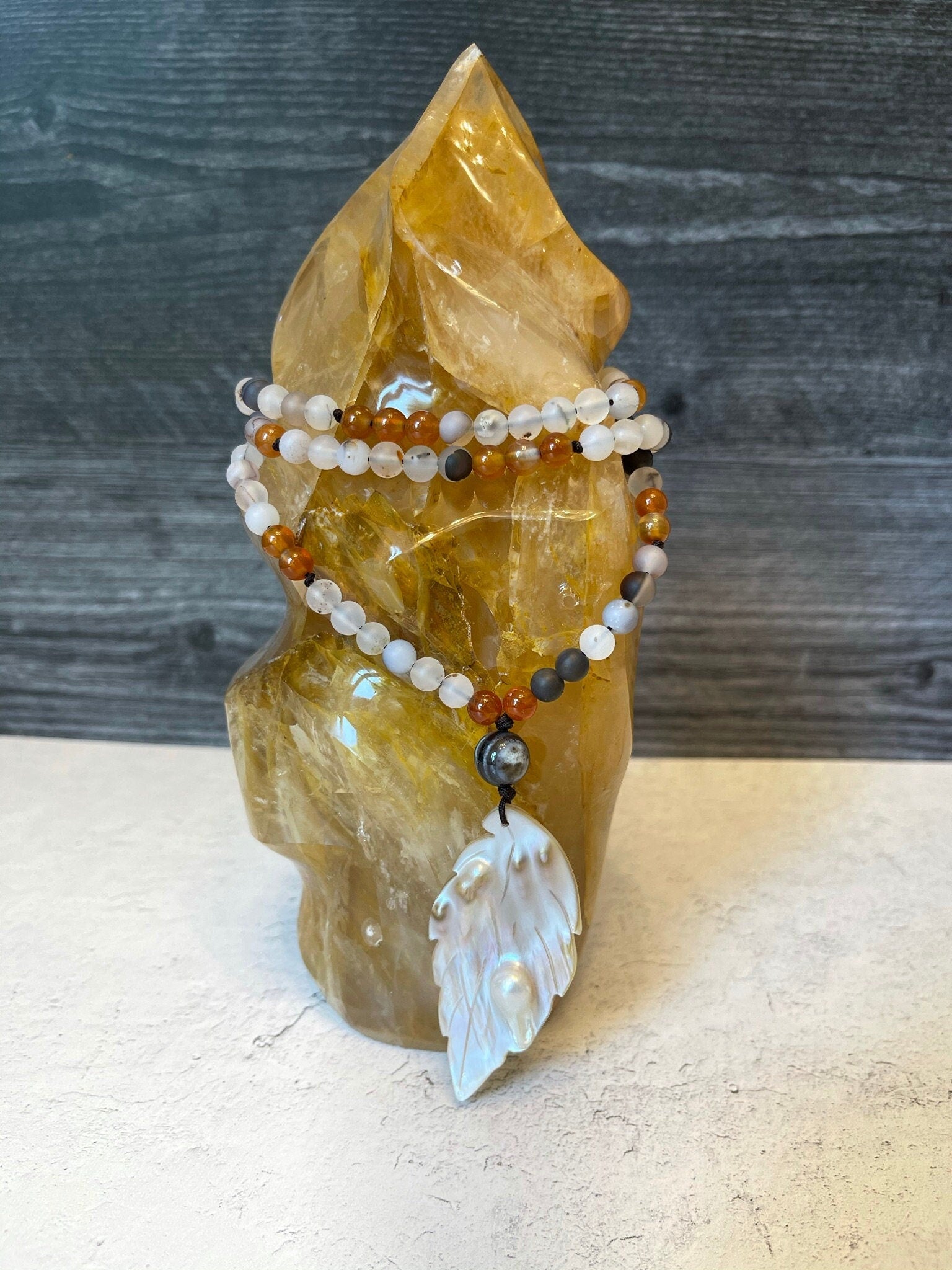 Chic Agate and Mother of Pearl necklace to enhance confidence. Self acceptance. Enhance energy protection. Feminine energy. Gifts for her