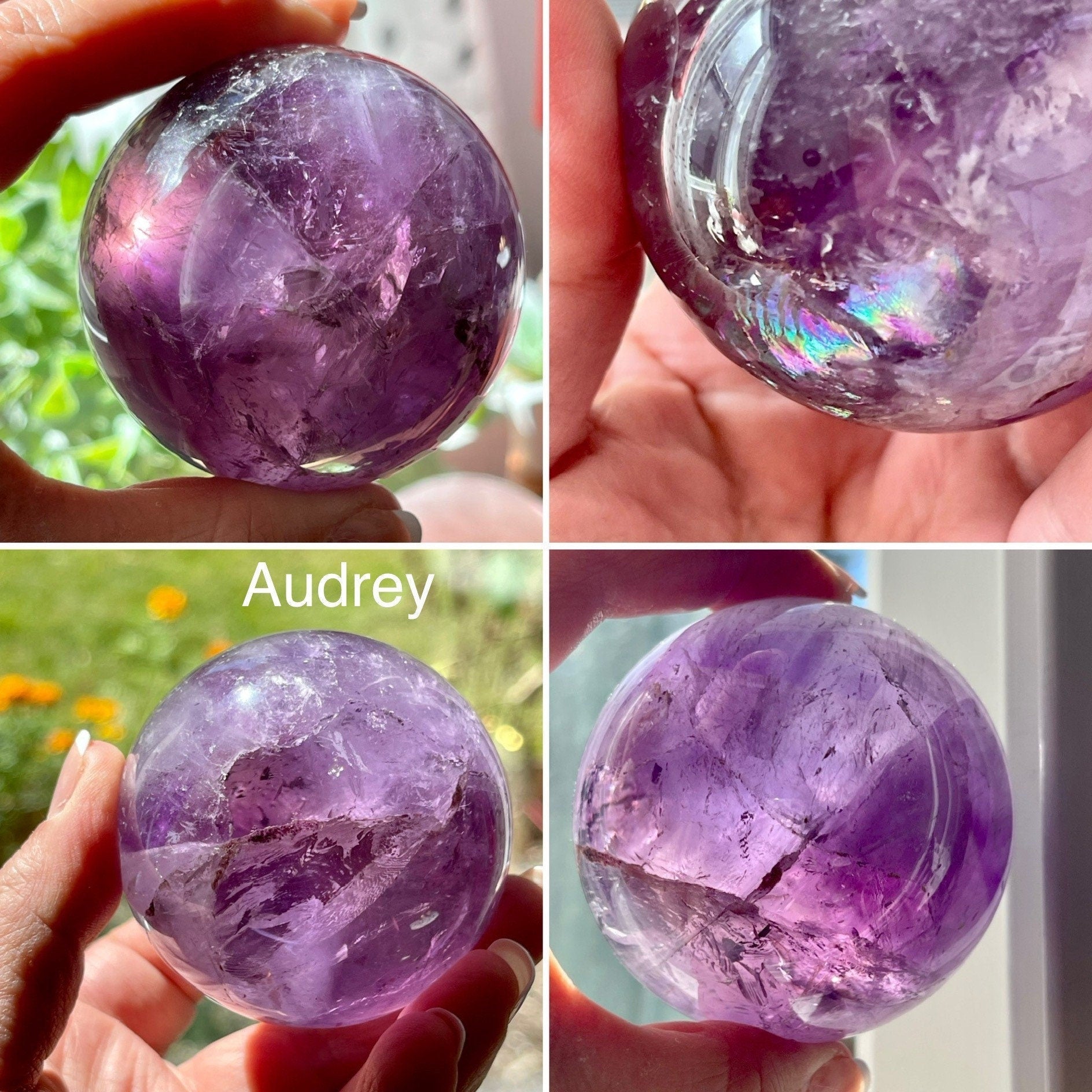 Amethyst Spheres with rare features and rainbows from Brazil. Polished Amethyst spheres perfect as crystal lamps