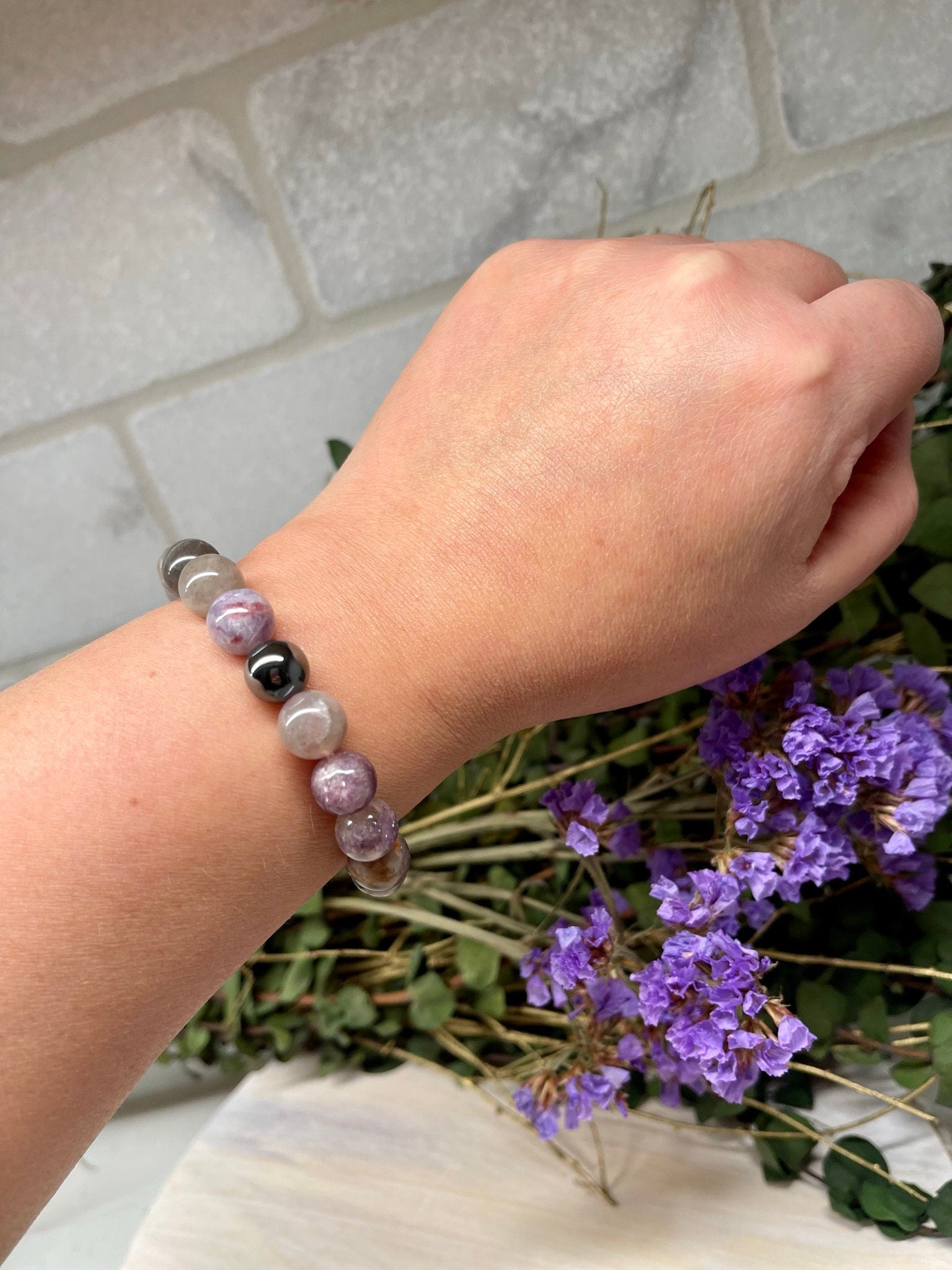 Handmade Natural Gemstone Bracelet with Pink and Purple Tourmaline, Hematite and Cypress wood round beads 10mm.