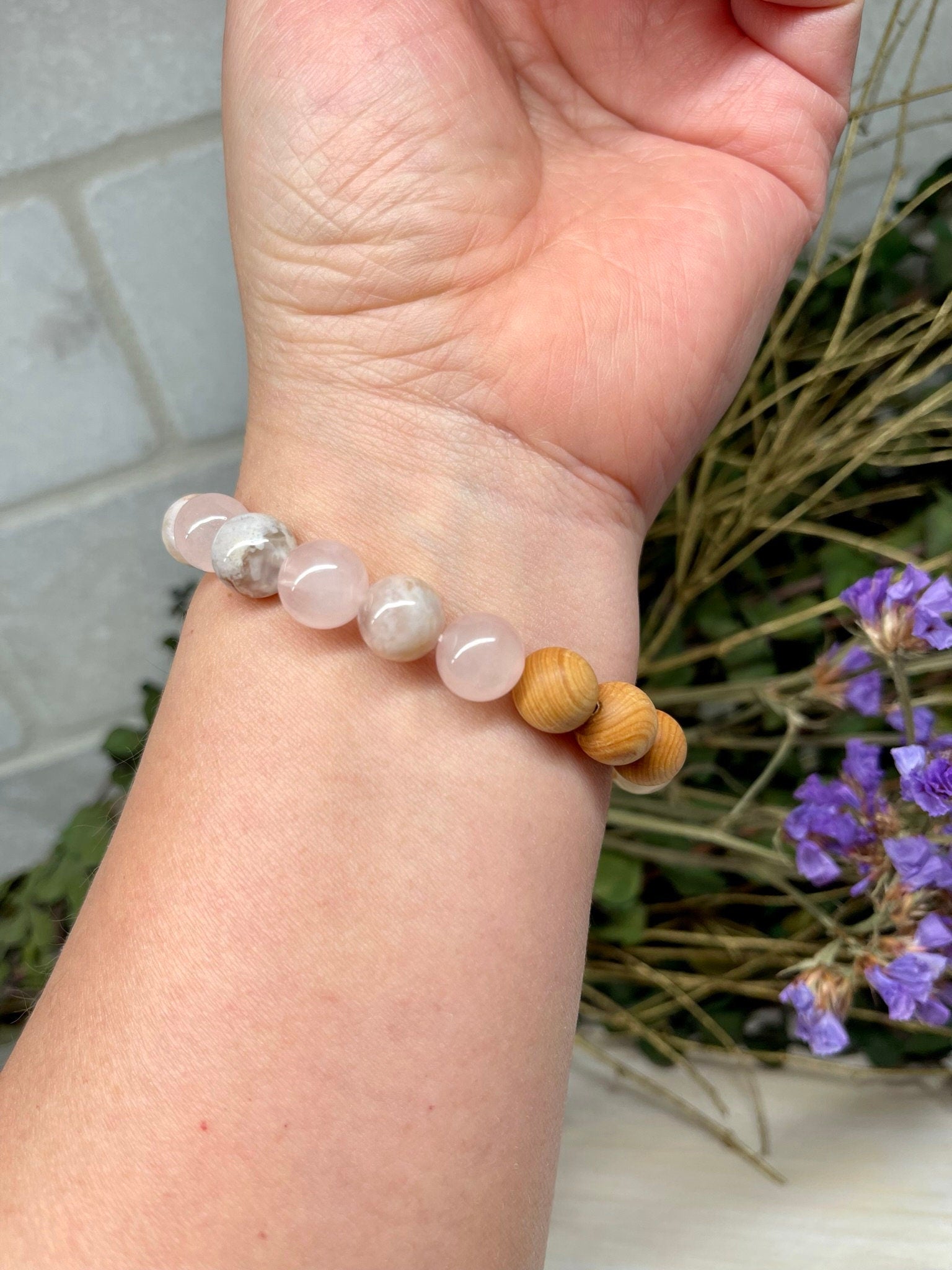 Handmade Natural Gemstone Bracelet with Pink Flower Agate, Rose Quartz and Cypress wood beads 10mm bracelet.