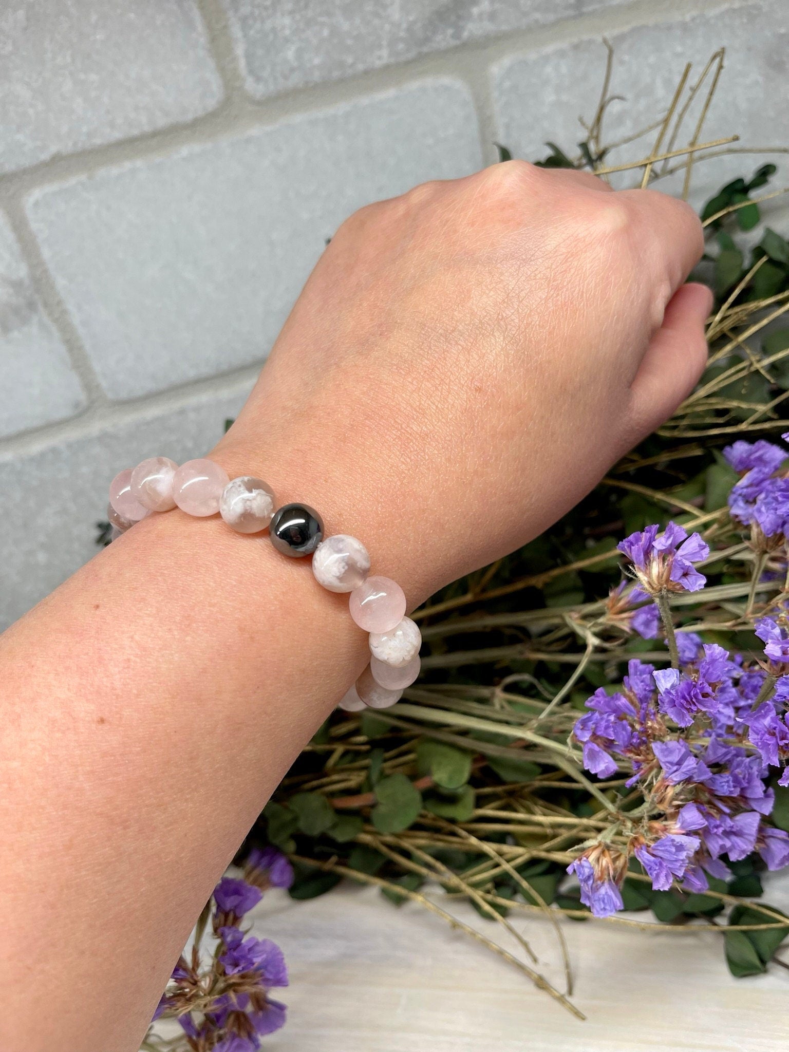 Handmade Natural Gemstone Bracelet with Pink Flower Agate, Rose Quartz and Cypress wood beads 10mm bracelet.