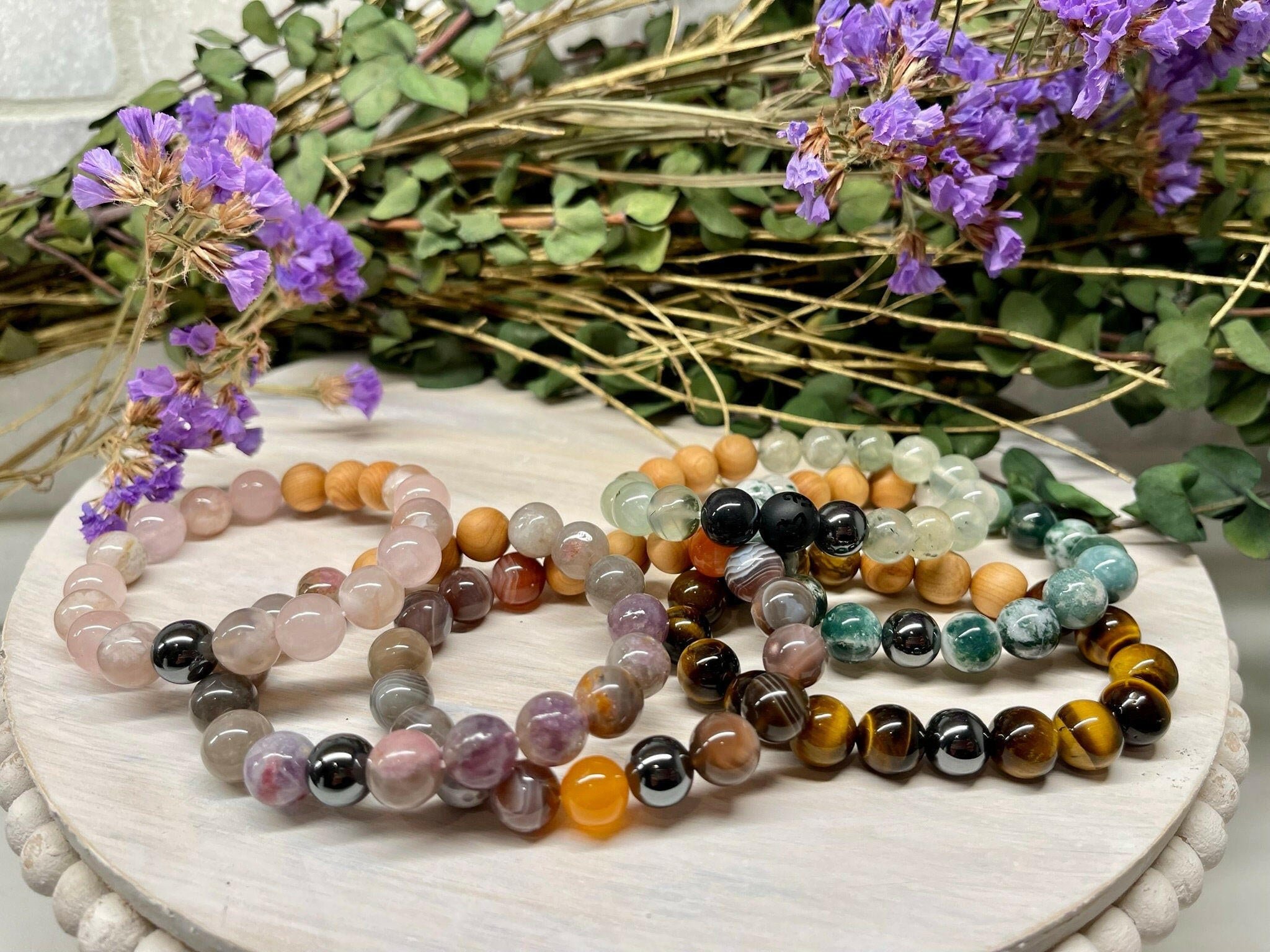 Natural Gemstone Bracelet with Prehnite, Jet, Banded Agate, Hematite and Cypress wood beads round beads 10mm bracelet.