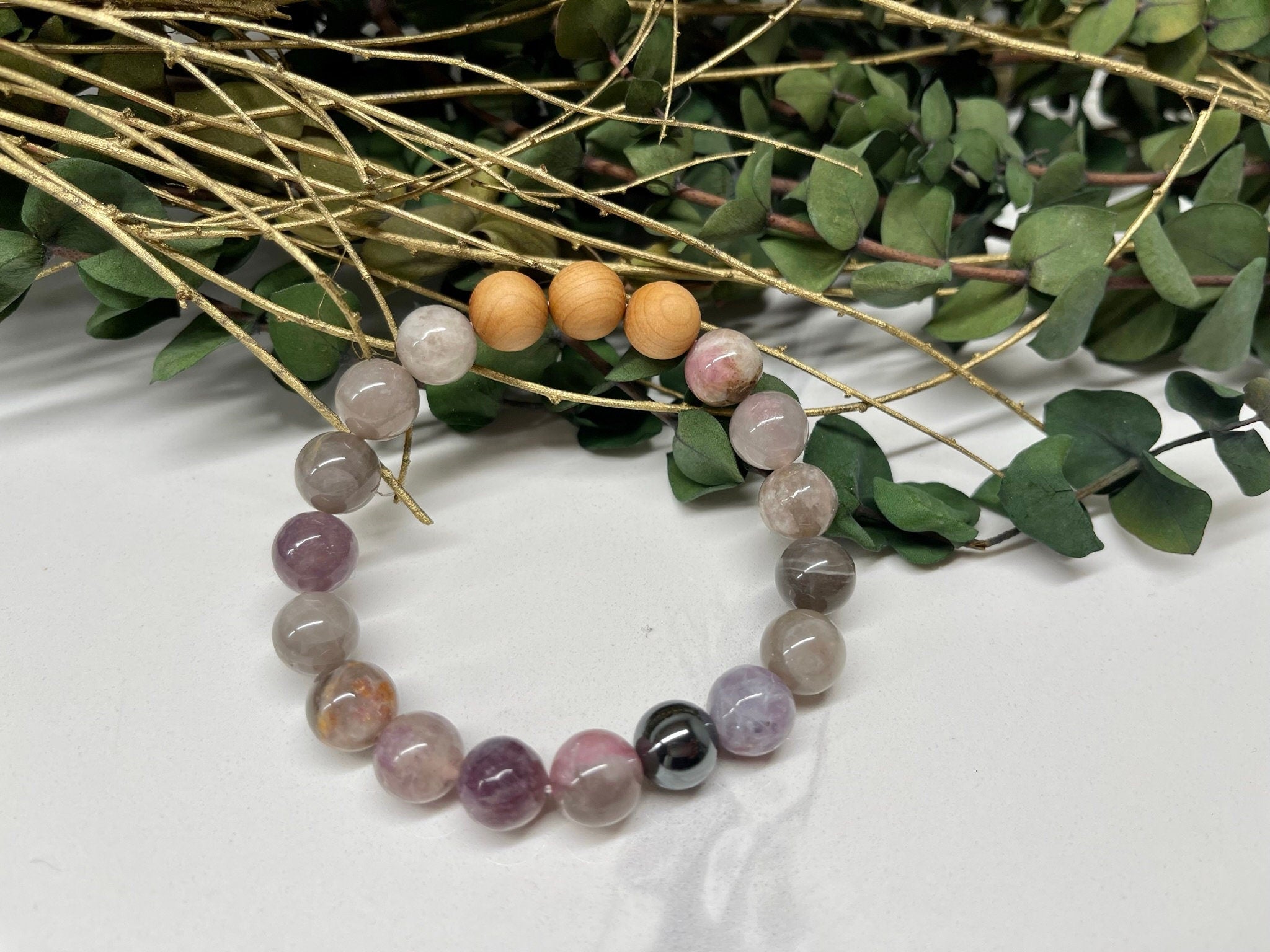 Handmade Natural Gemstone Bracelet with Pink and Purple Tourmaline, Hematite and Cypress wood round beads 10mm.