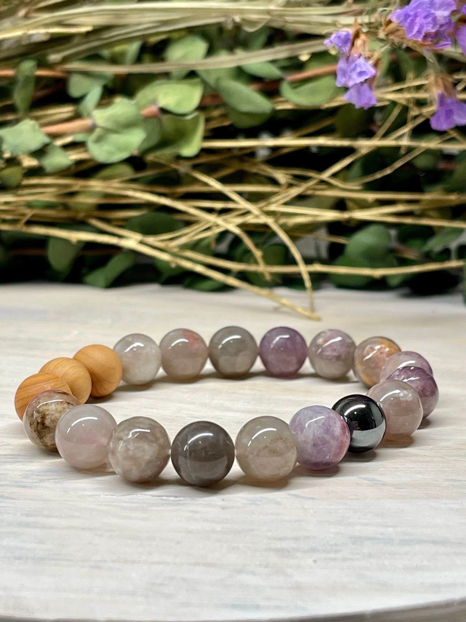 Handmade Natural Gemstone Bracelet with Pink and Purple Tourmaline, Hematite and Cypress wood round beads 10mm.