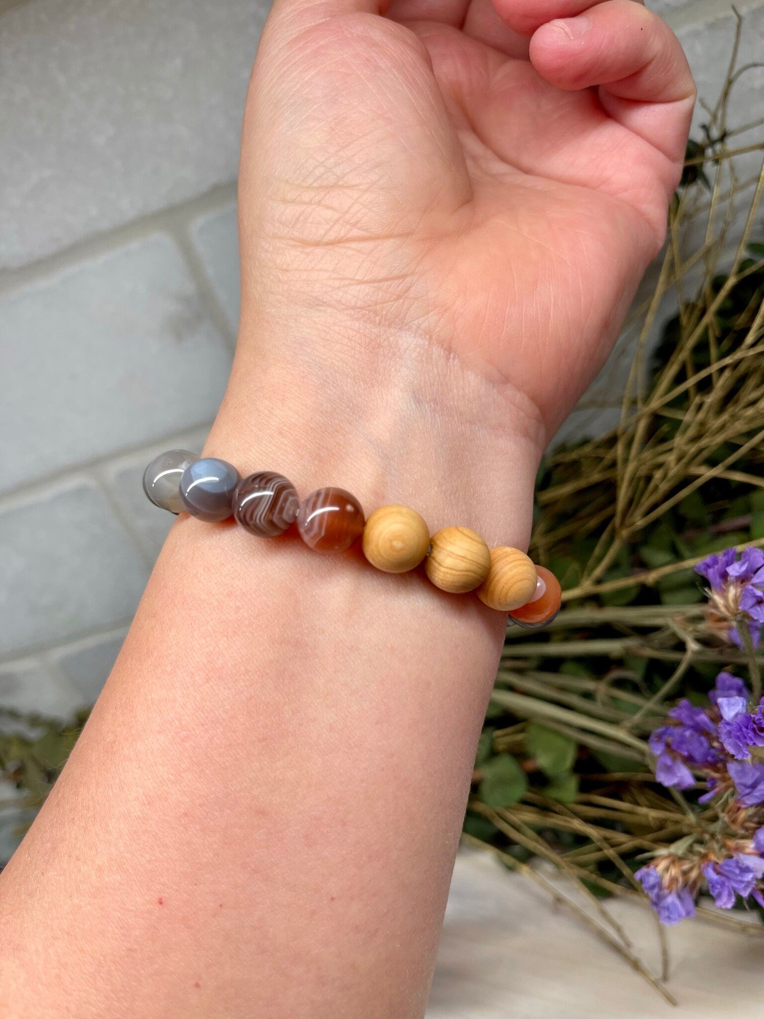 Handmade Natural Gemstone Bracelet with Botswana Agate, Hematite and Cypress wood beads round beads 10mm bracelet.