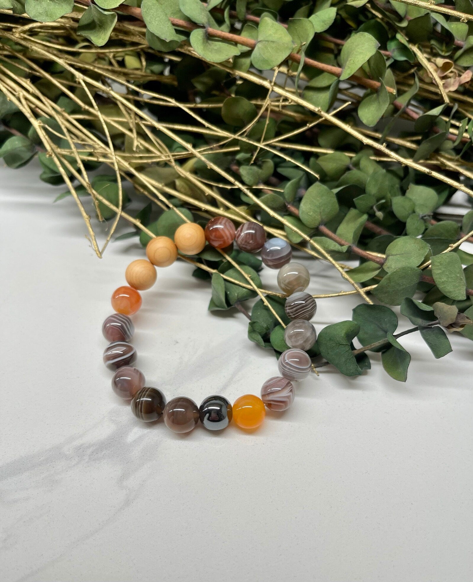 Handmade Natural Gemstone Bracelet with Botswana Agate, Hematite and Cypress wood beads round beads 10mm bracelet.