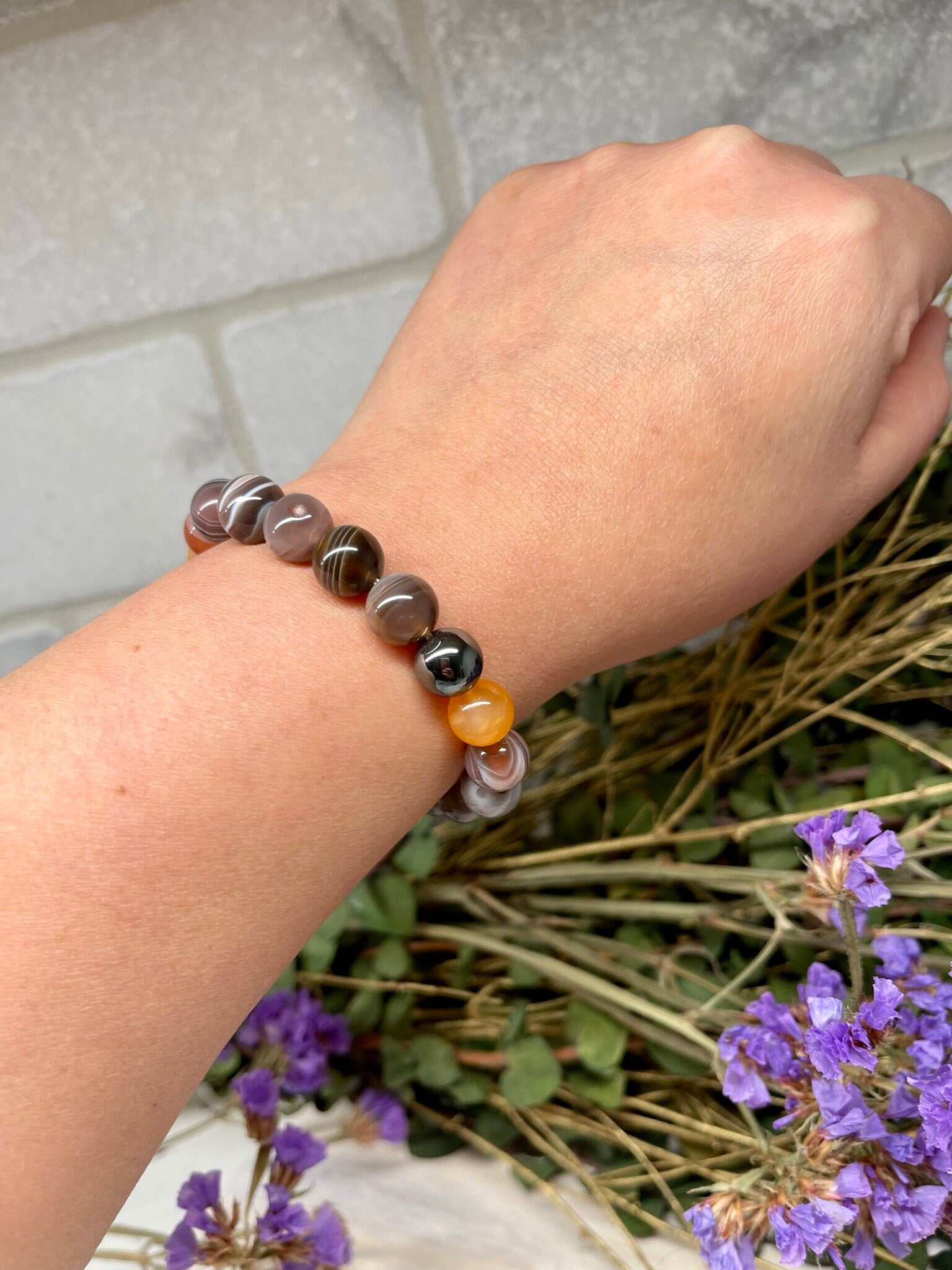 Handmade Natural Gemstone Bracelet with Botswana Agate, Hematite and Cypress wood beads round beads 10mm bracelet.