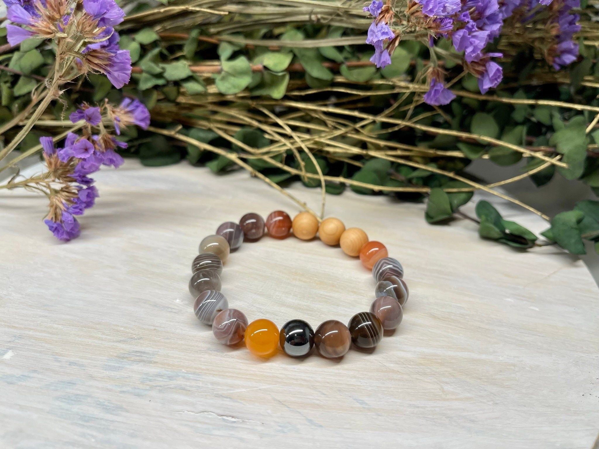 Handmade Natural Gemstone Bracelet with Botswana Agate, Hematite and Cypress wood beads round beads 10mm bracelet.