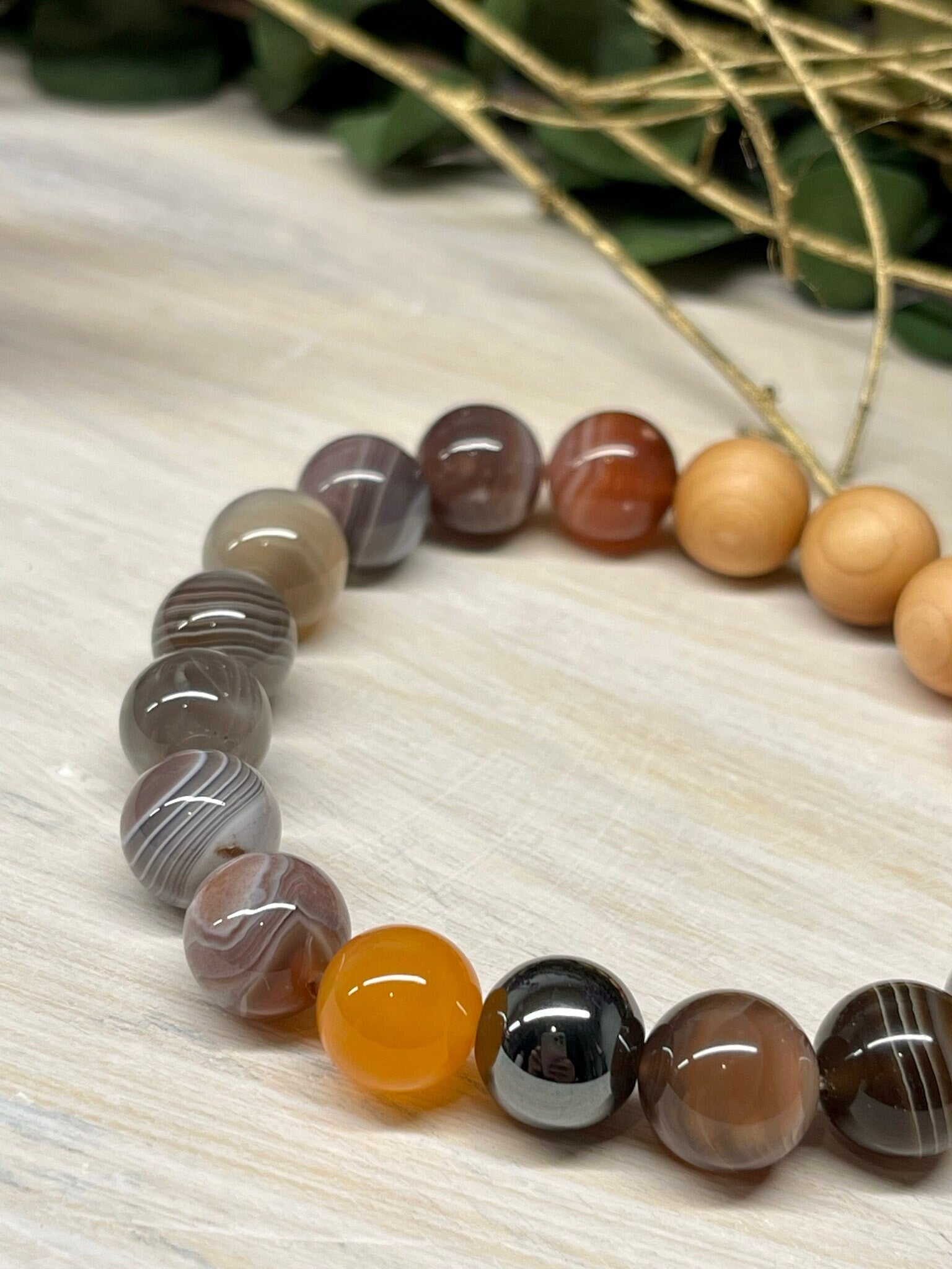 Handmade Natural Gemstone Bracelet with Botswana Agate, Hematite and Cypress wood beads round beads 10mm bracelet.