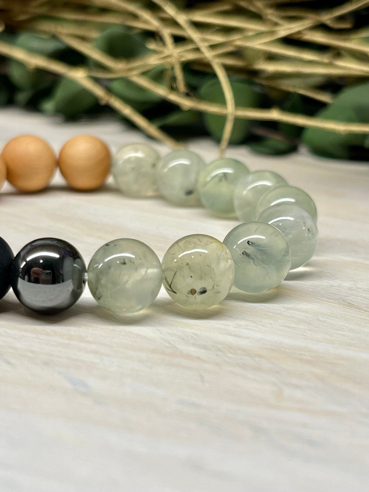 Natural Gemstone Bracelet with Prehnite, Jet, Banded Agate, Hematite and Cypress wood beads round beads 10mm bracelet.