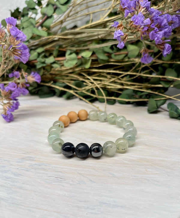 Natural Gemstone Bracelet with Prehnite, Jet, Banded Agate, Hematite and Cypress wood beads round beads 10mm bracelet.