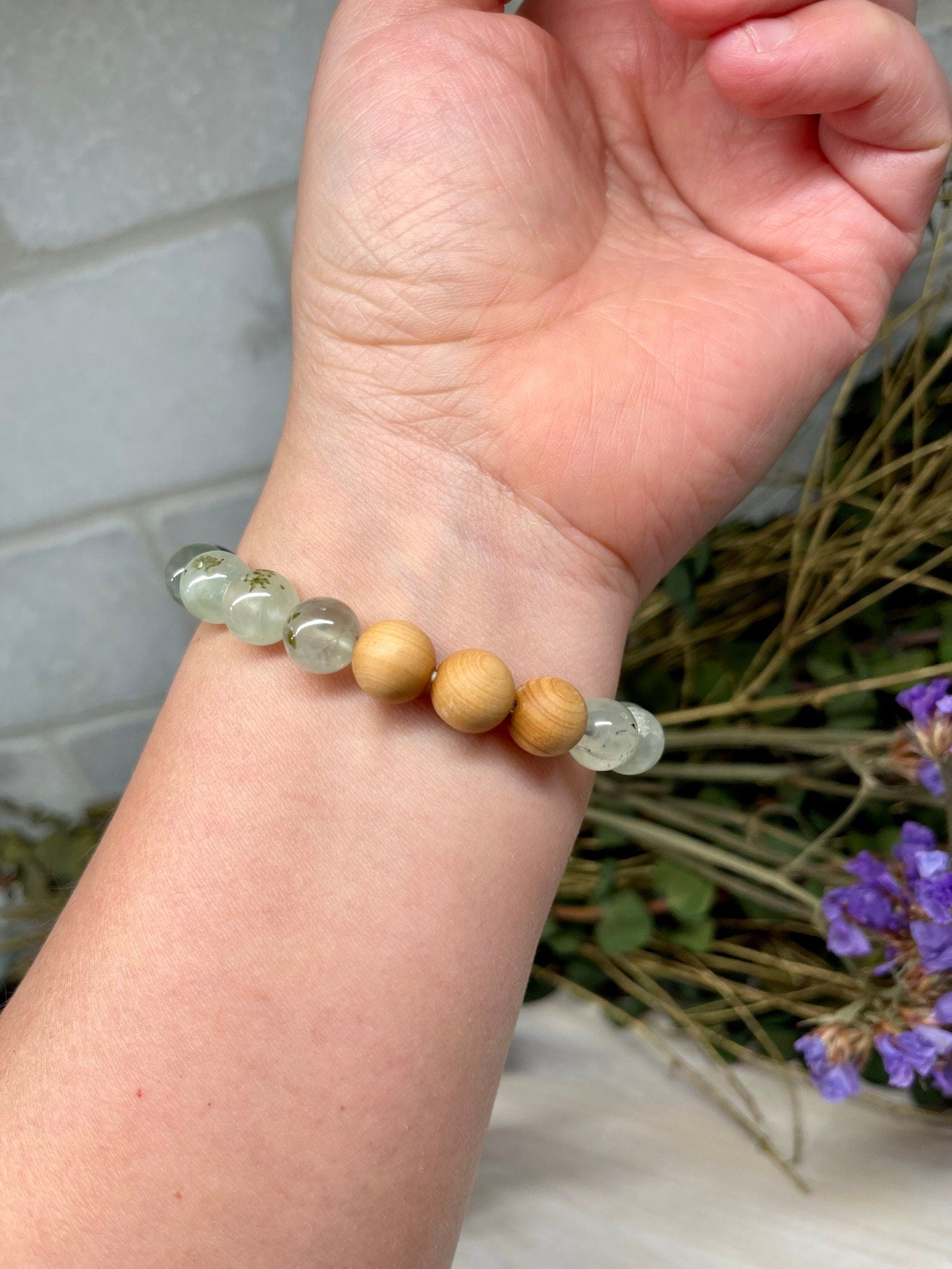 Natural Gemstone Bracelet with Prehnite, Jet, Banded Agate, Hematite and Cypress wood beads round beads 10mm bracelet.