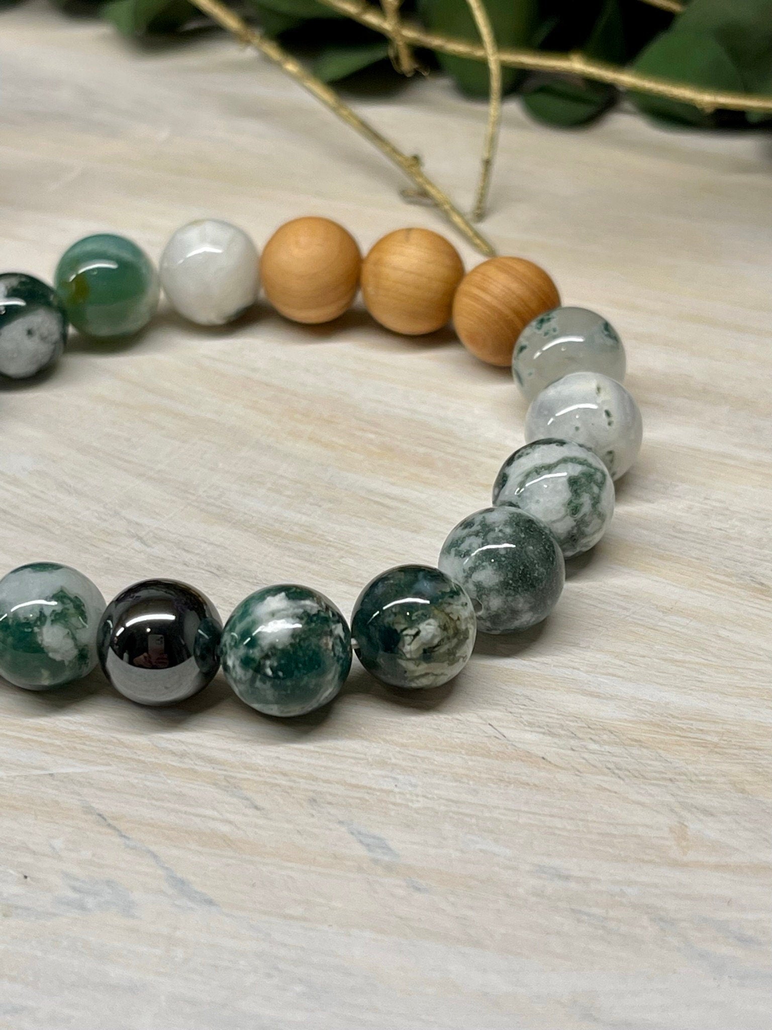 Handmade Natural Gemstone Bracelet with Moss Agate, Hematite and Cypress wood beads round beads 10mm bracelet.