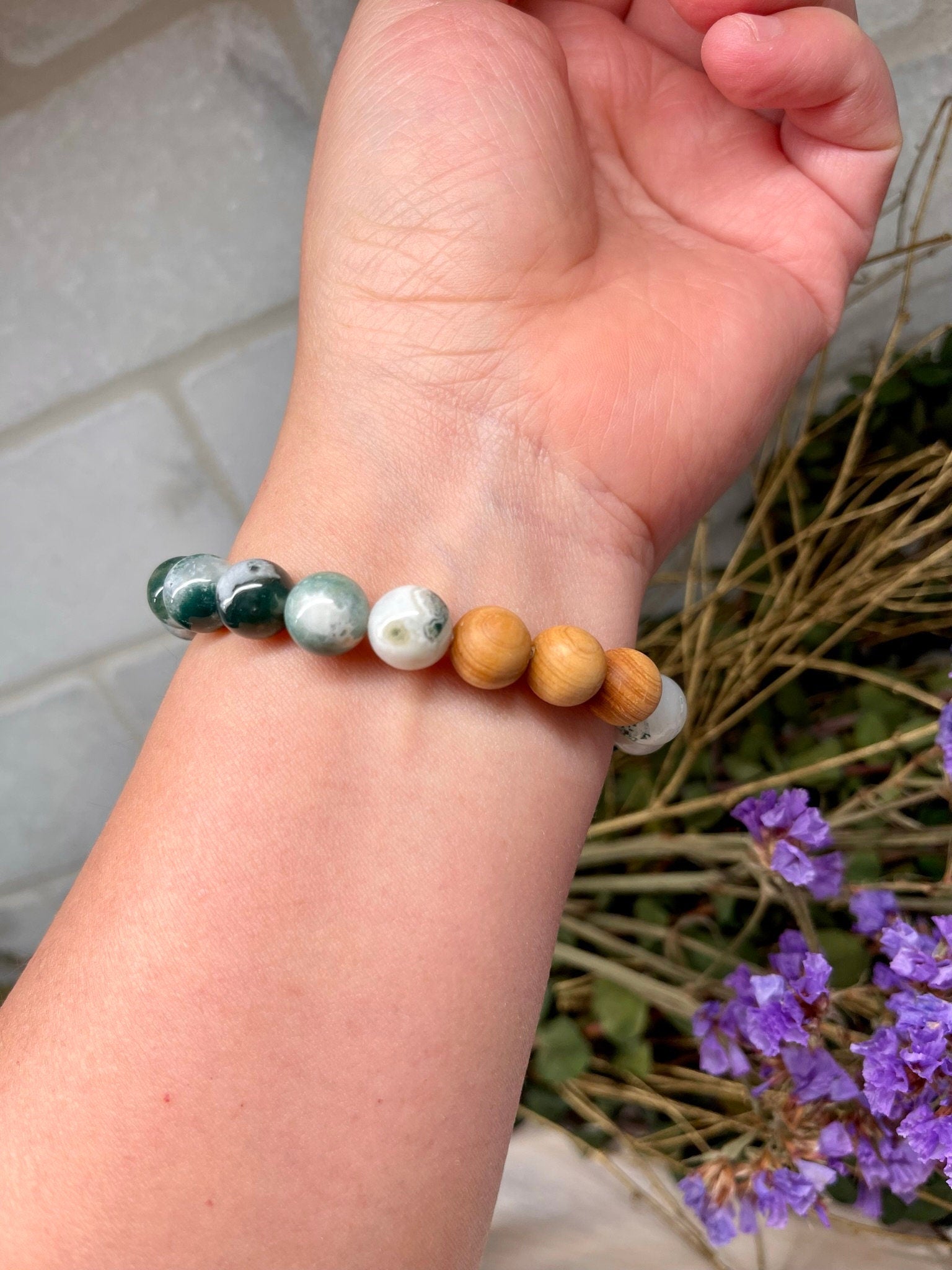 Handmade Natural Gemstone Bracelet with Moss Agate, Hematite and Cypress wood beads round beads 10mm bracelet.