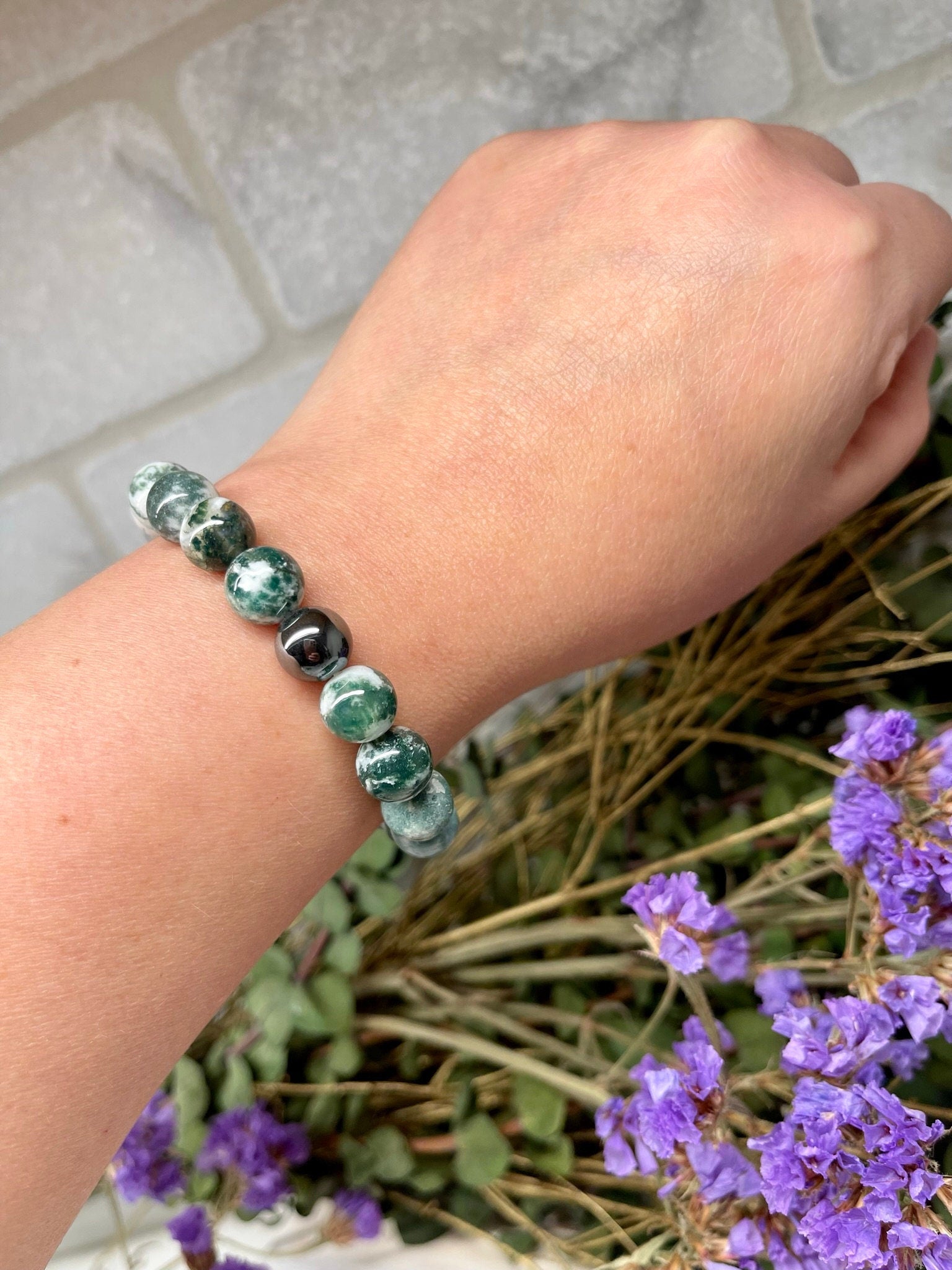 Handmade Natural Gemstone Bracelet with Moss Agate, Hematite and Cypress wood beads round beads 10mm bracelet.