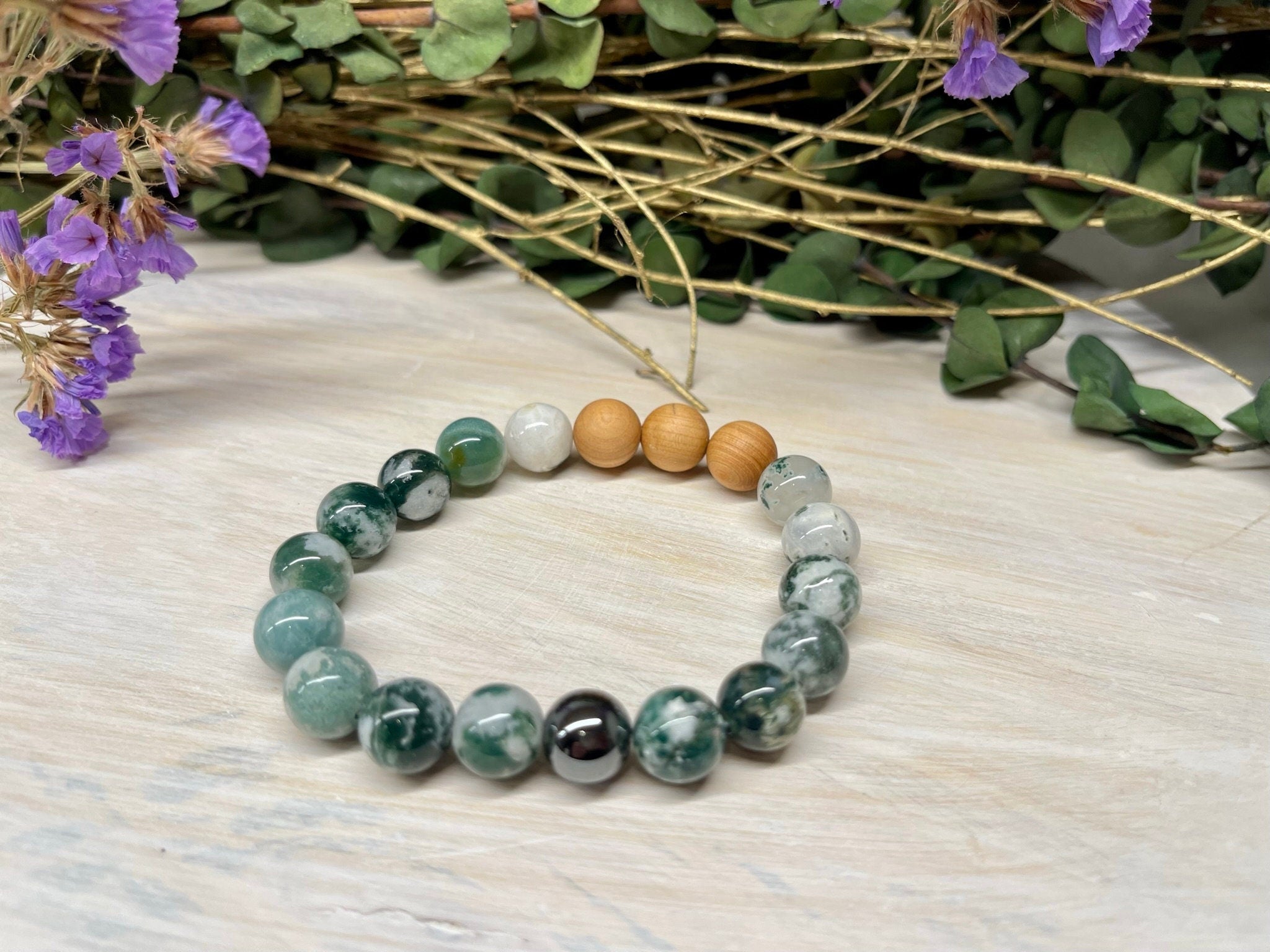 Handmade Natural Gemstone Bracelet with Moss Agate, Hematite and Cypress wood beads round beads 10mm bracelet.