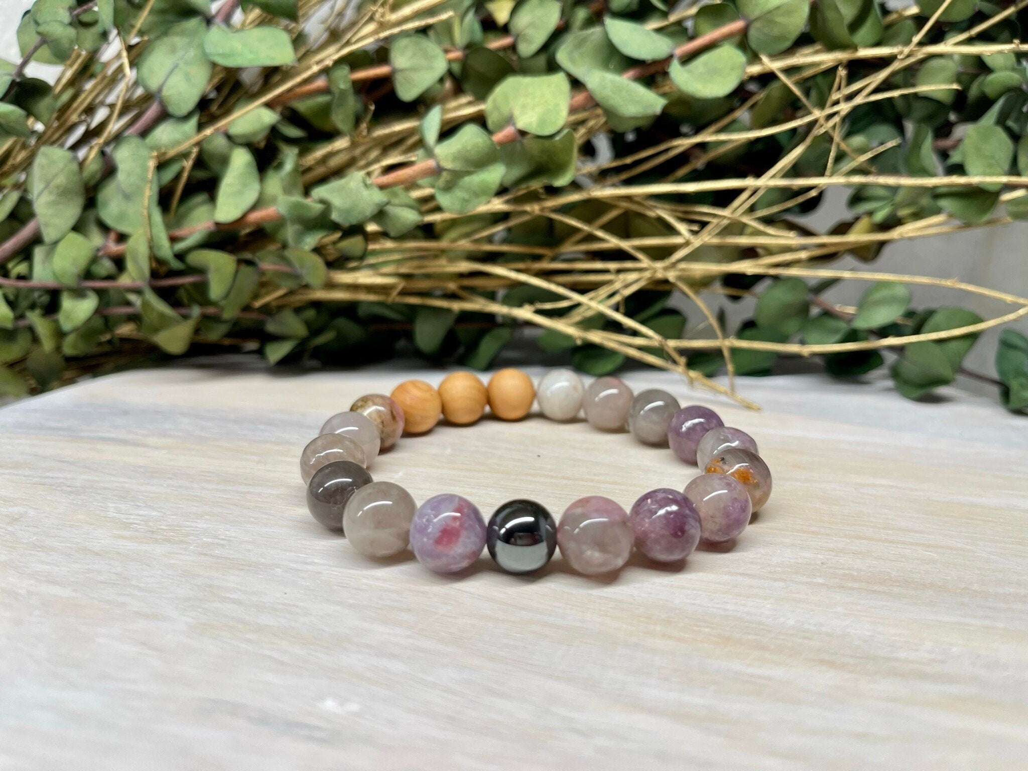 Handmade Natural Gemstone Bracelet with Pink and Purple Tourmaline, Hematite and Cypress wood round beads 10mm.