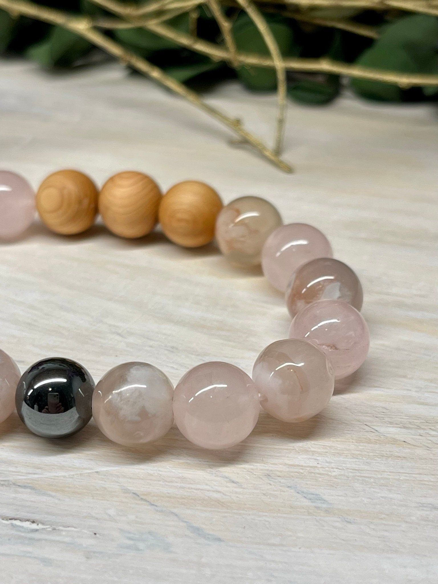 Handmade Natural Gemstone Bracelet with Pink Flower Agate, Rose Quartz and Cypress wood beads 10mm bracelet.