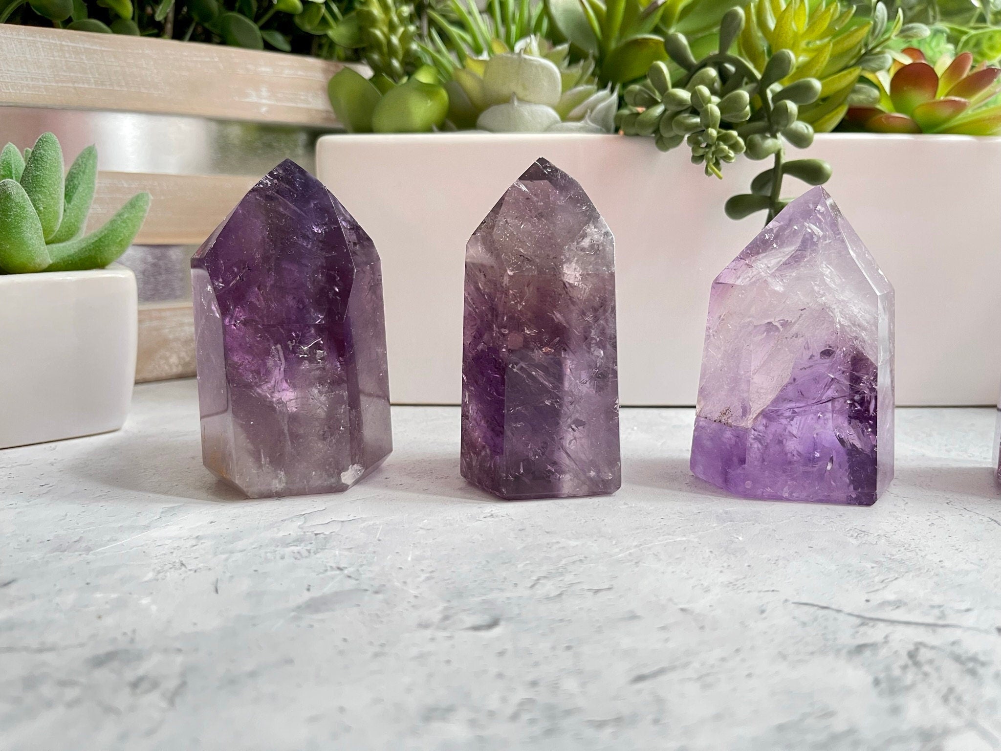 Grade AAA Amethyst Towers, Polished Gemmy Brazilian Amethyst Towers with phantoms and rainbows