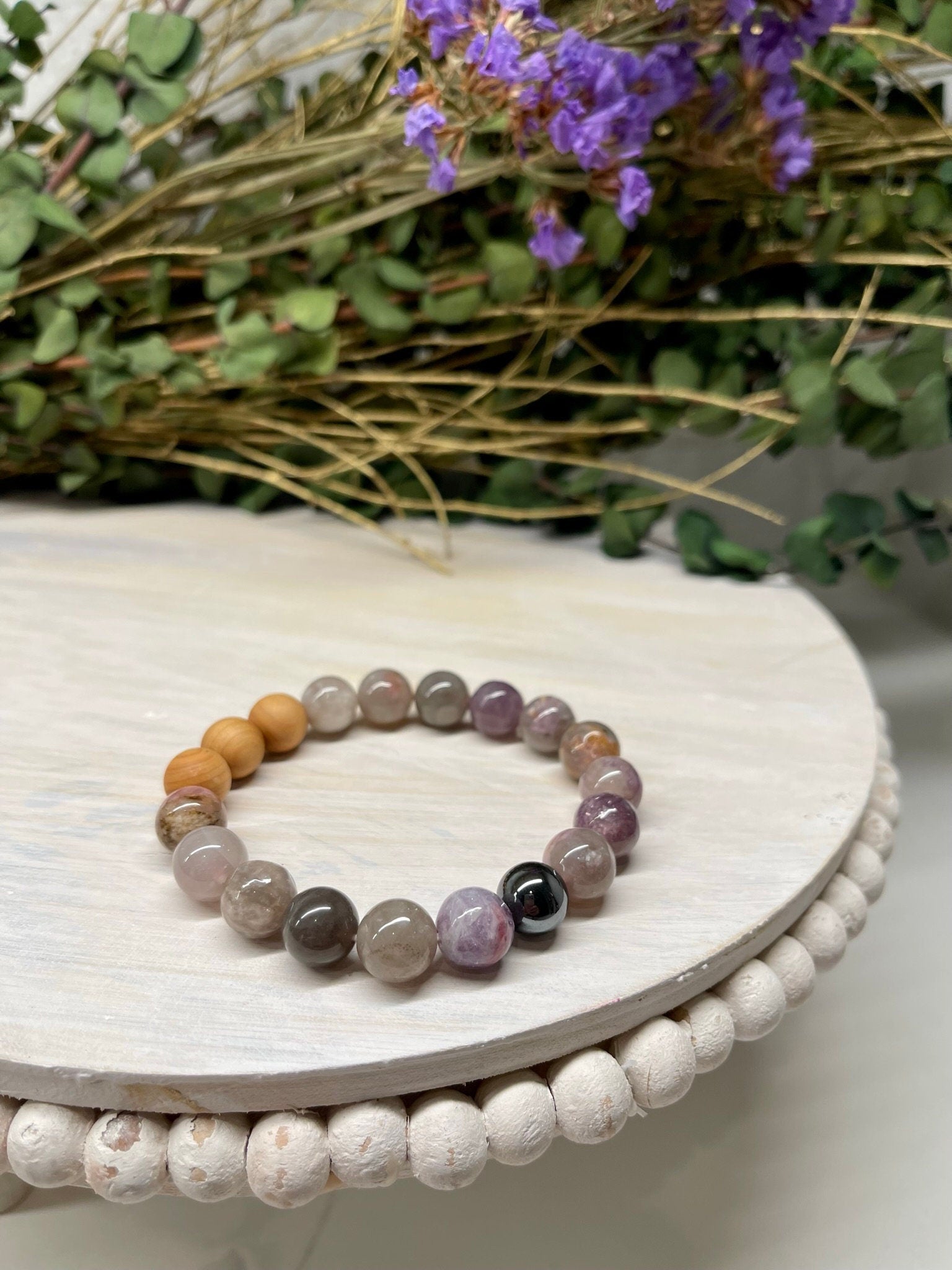 Handmade Natural Gemstone Bracelet with Pink and Purple Tourmaline, Hematite and Cypress wood round beads 10mm.