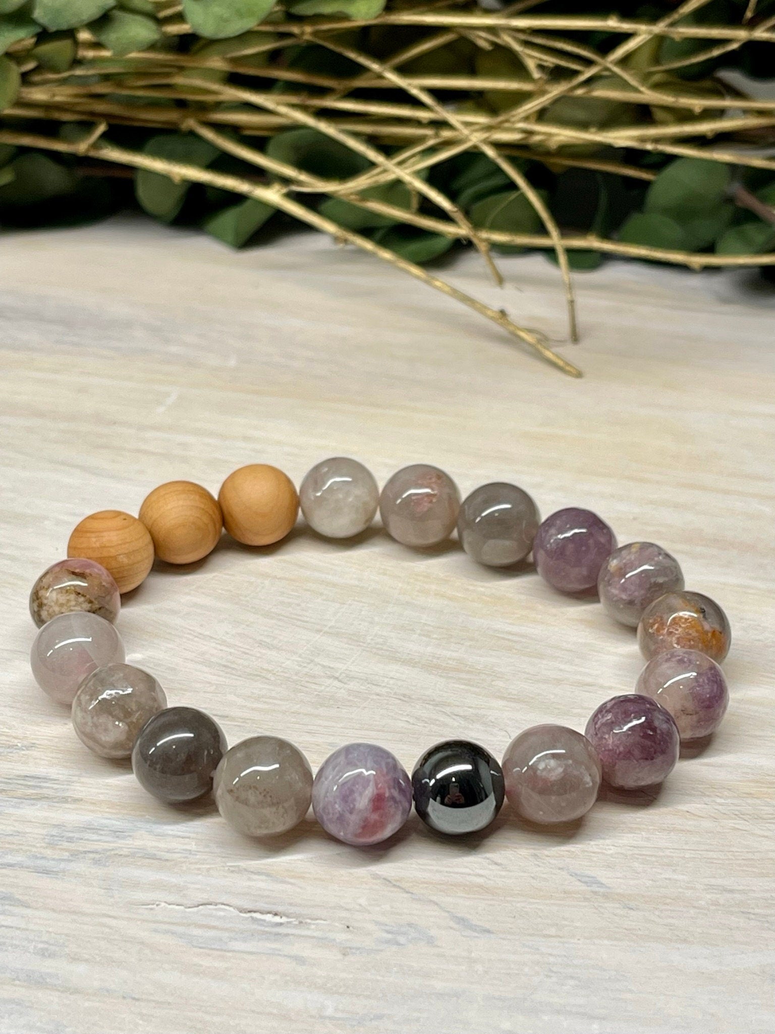 Handmade Natural Gemstone Bracelet with Pink and Purple Tourmaline, Hematite and Cypress wood round beads 10mm.