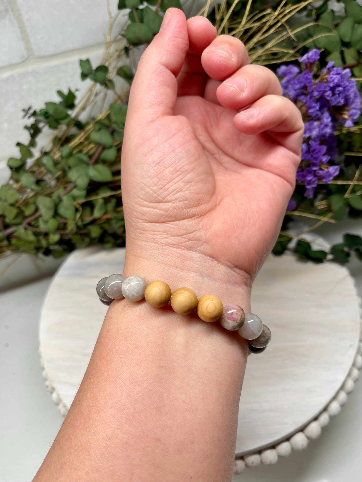 Handmade Natural Gemstone Bracelet with Pink and Purple Tourmaline, Hematite and Cypress wood round beads 10mm.