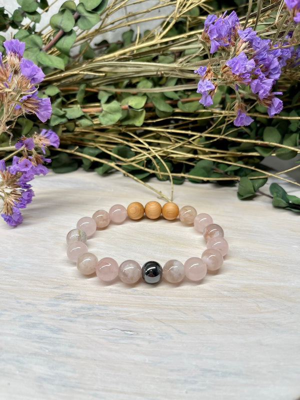 Handmade Natural Gemstone Bracelet with Pink Flower Agate, Rose Quartz and Cypress wood beads 10mm bracelet.