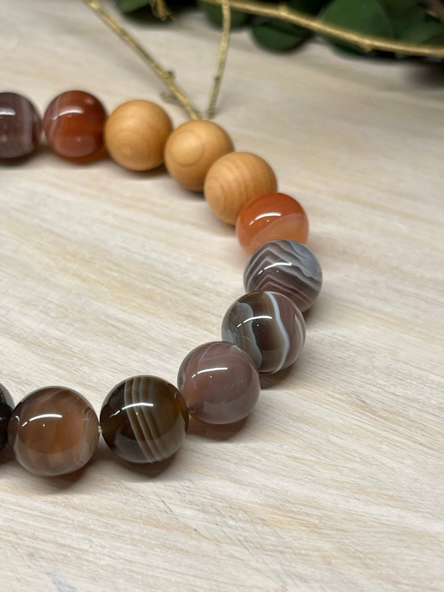 Handmade Natural Gemstone Bracelet with Botswana Agate, Hematite and Cypress wood beads round beads 10mm bracelet.