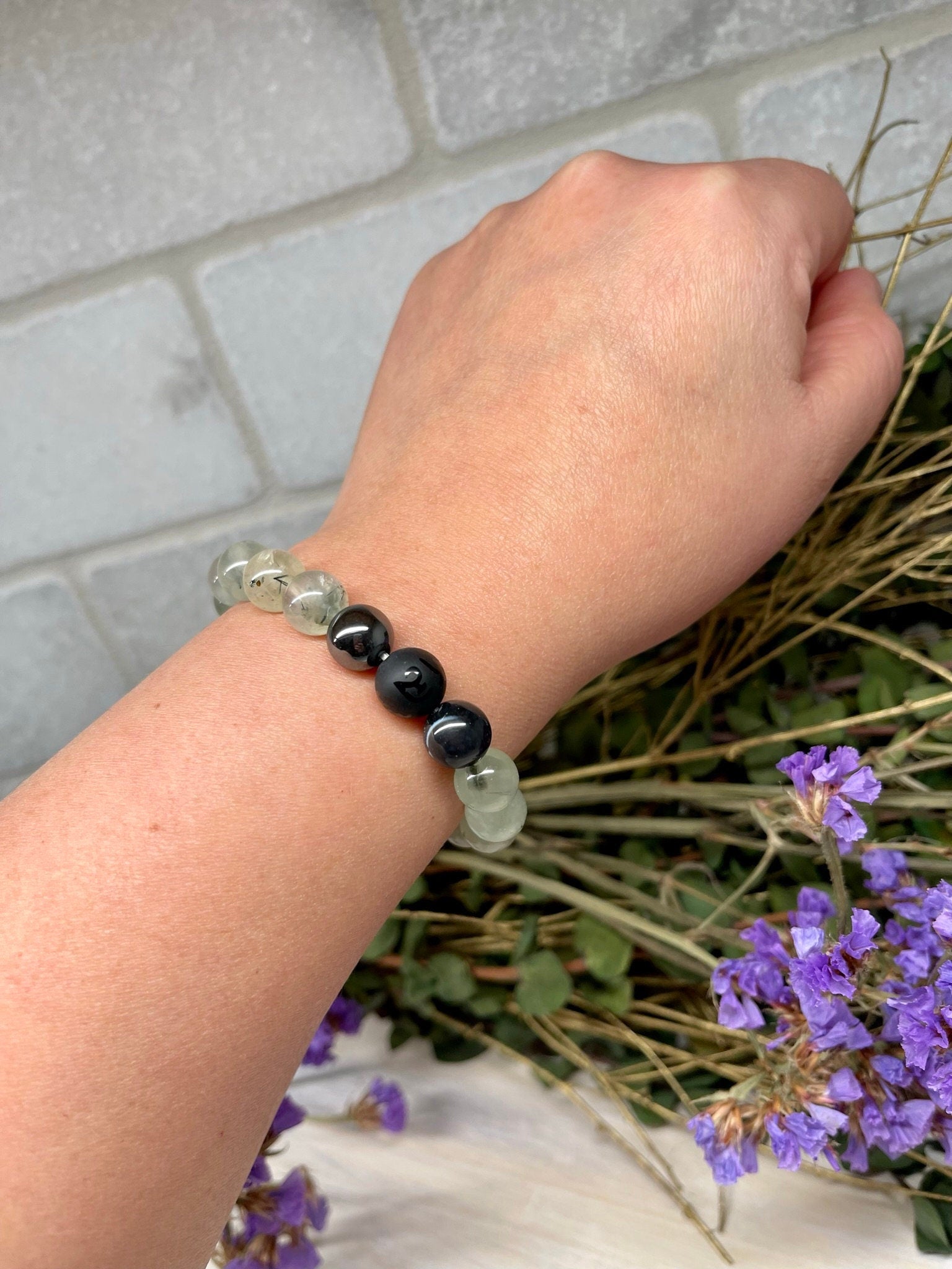 Natural Gemstone Bracelet with Prehnite, Jet, Banded Agate, Hematite and Cypress wood beads round beads 10mm bracelet.