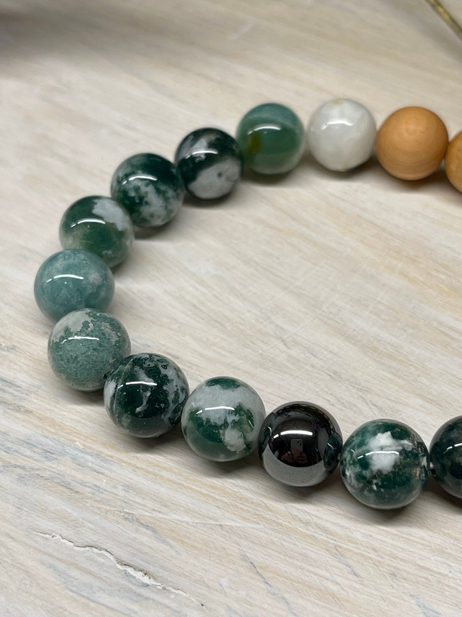 Handmade Natural Gemstone Bracelet with Moss Agate, Hematite and Cypress wood beads round beads 10mm bracelet.