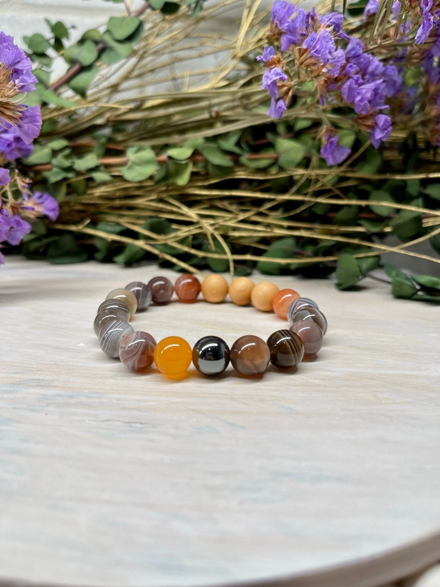 Handmade Natural Gemstone Bracelet with Botswana Agate, Hematite and Cypress wood beads round beads 10mm bracelet.