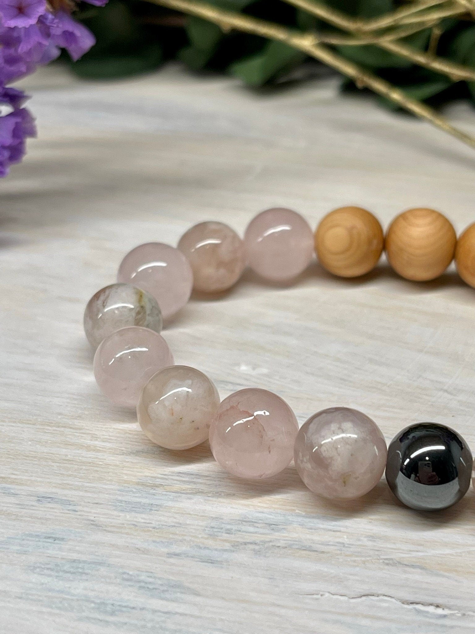 Handmade Natural Gemstone Bracelet with Pink Flower Agate, Rose Quartz and Cypress wood beads 10mm bracelet.