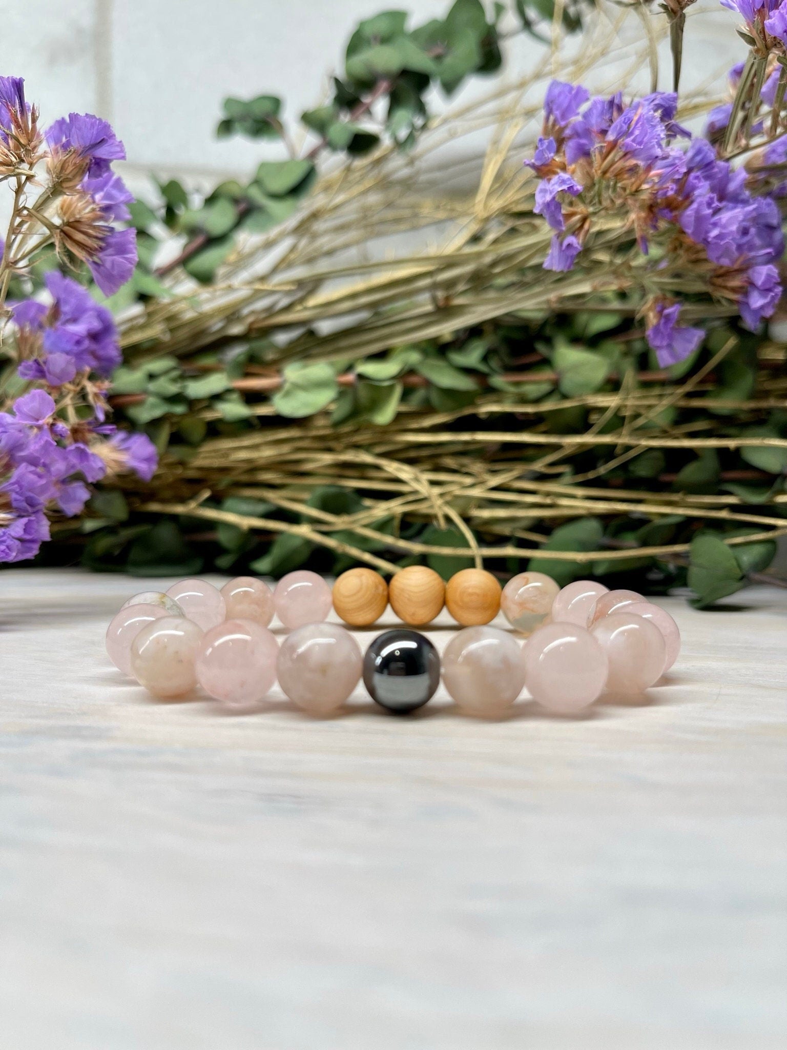 Handmade Natural Gemstone Bracelet with Pink Flower Agate, Rose Quartz and Cypress wood beads 10mm bracelet.