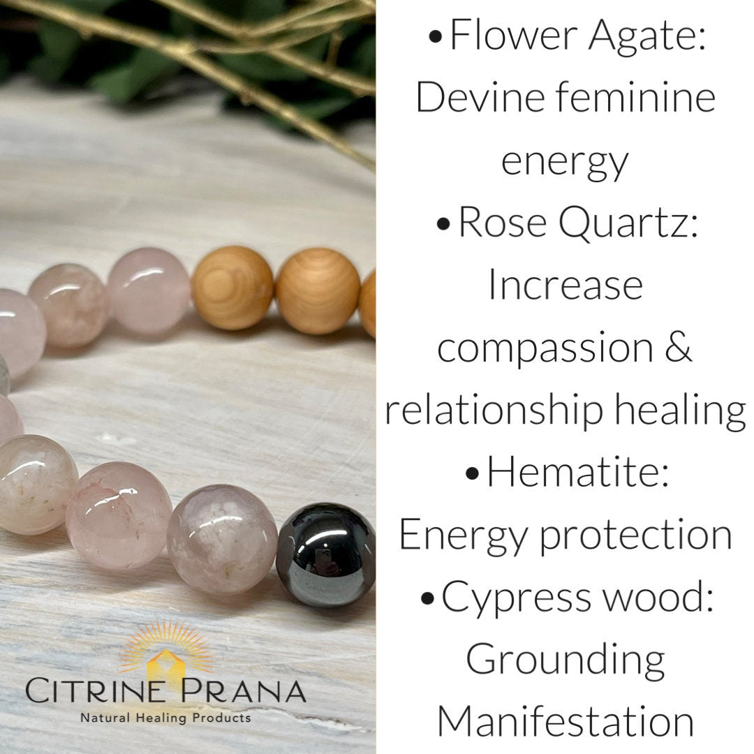 Handmade Natural Gemstone Bracelet with Pink Flower Agate, Rose Quartz and Cypress wood beads 10mm bracelet.