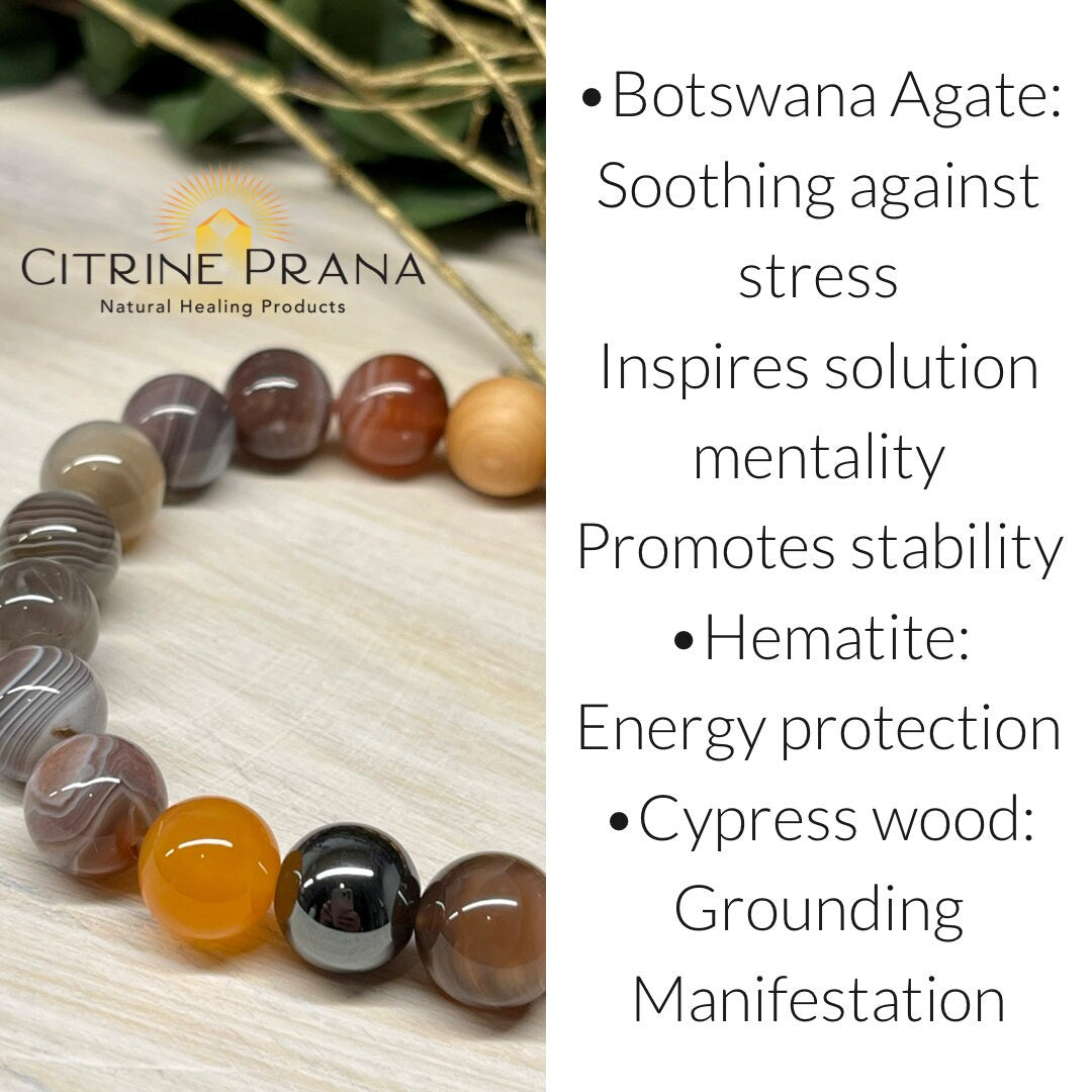 Handmade Natural Gemstone Bracelet with Botswana Agate, Hematite and Cypress wood beads round beads 10mm bracelet.