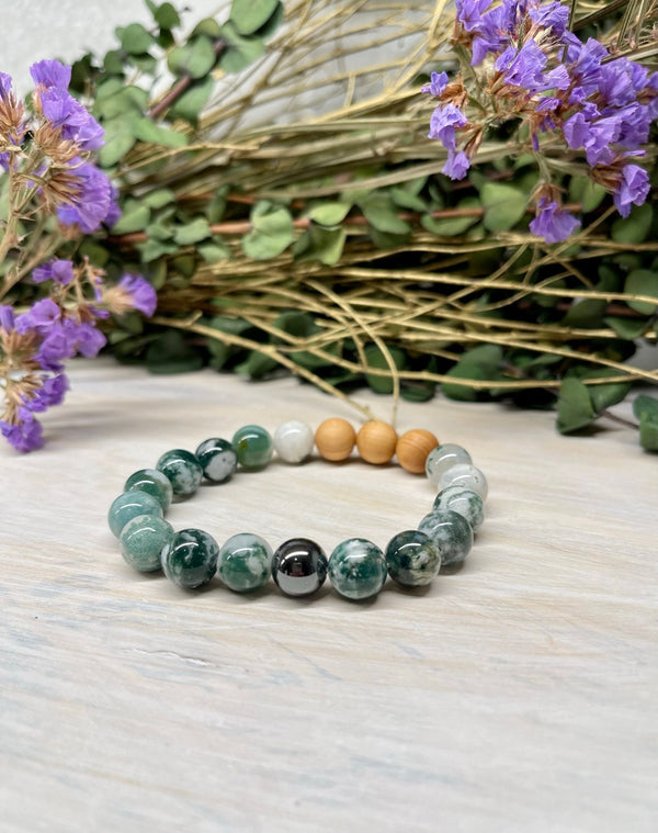 Handmade Natural Gemstone Bracelet with Moss Agate, Hematite and Cypress wood beads round beads 10mm bracelet.