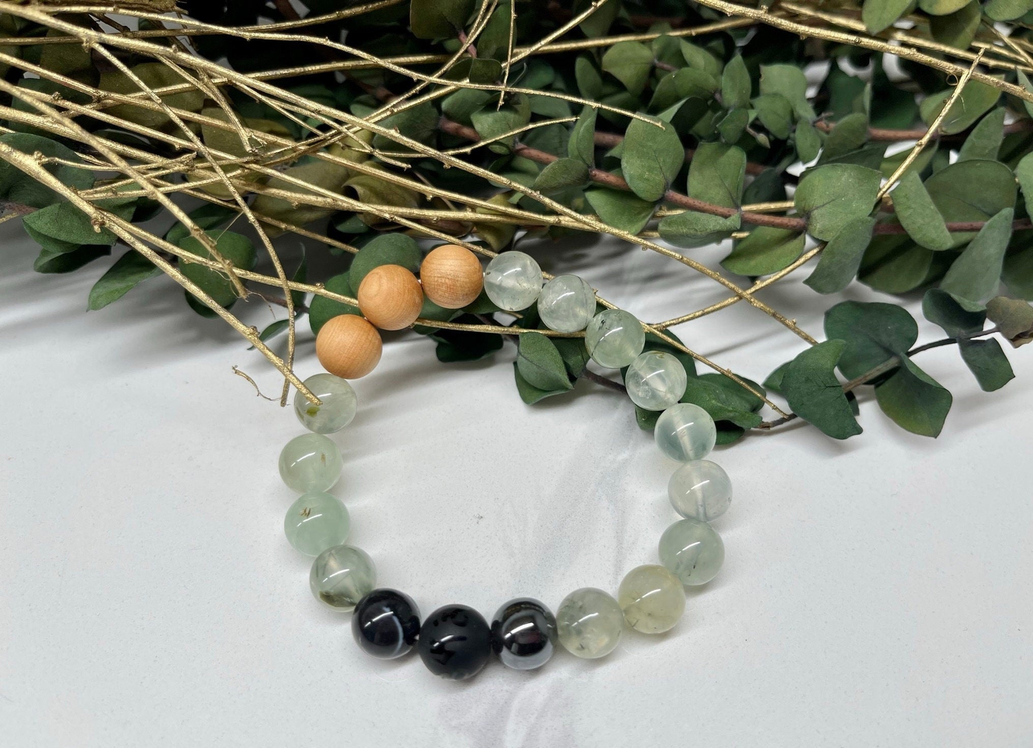 Natural Gemstone Bracelet with Prehnite, Jet, Banded Agate, Hematite and Cypress wood beads round beads 10mm bracelet.