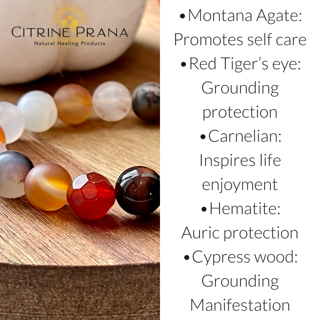 Handmade Montana Agate, Carnelian and Red Tiger's Eye bracelet. 10mm Natural crystal beads.