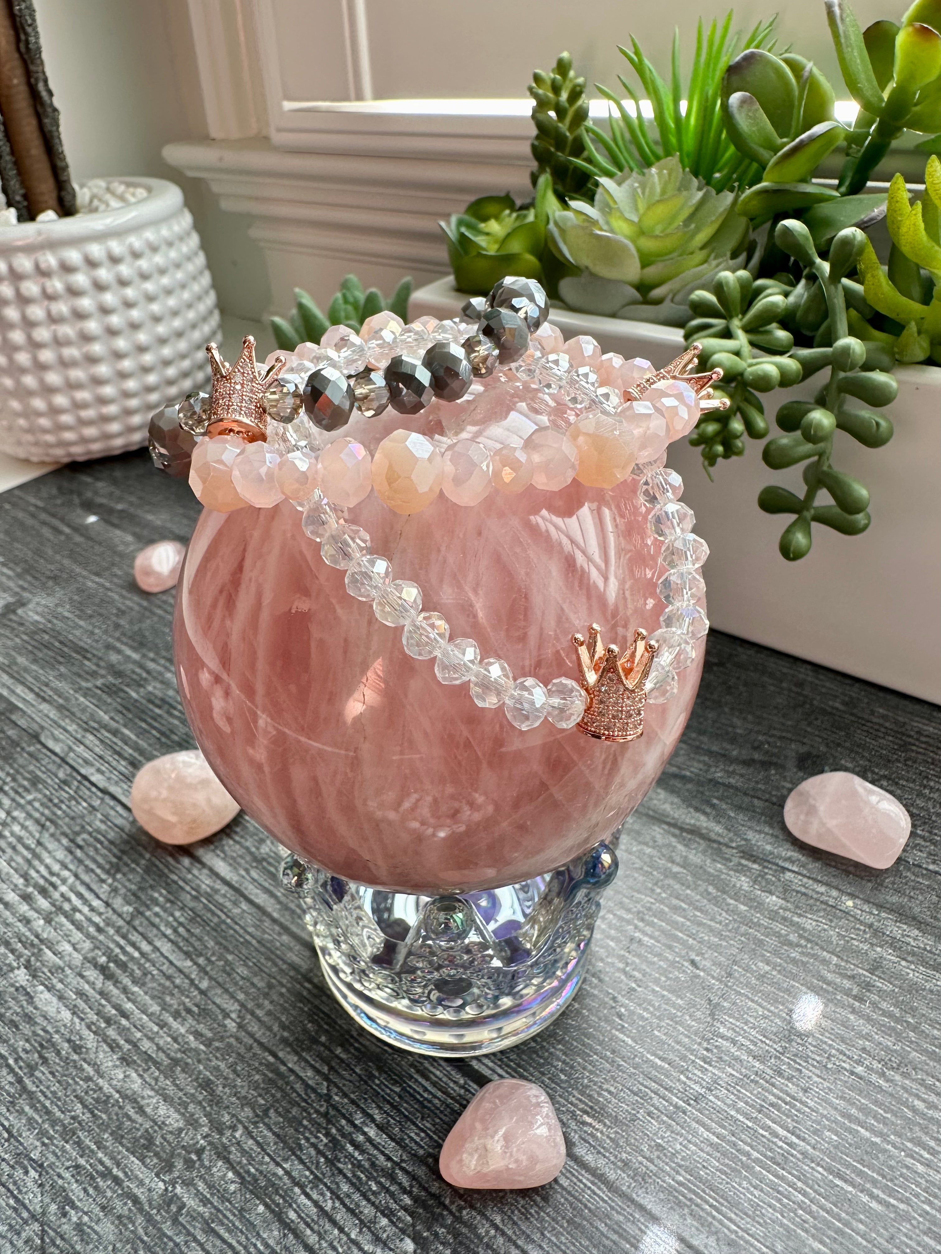 Stacked Crystal Beaded Bracelets in Pink and Grey tones