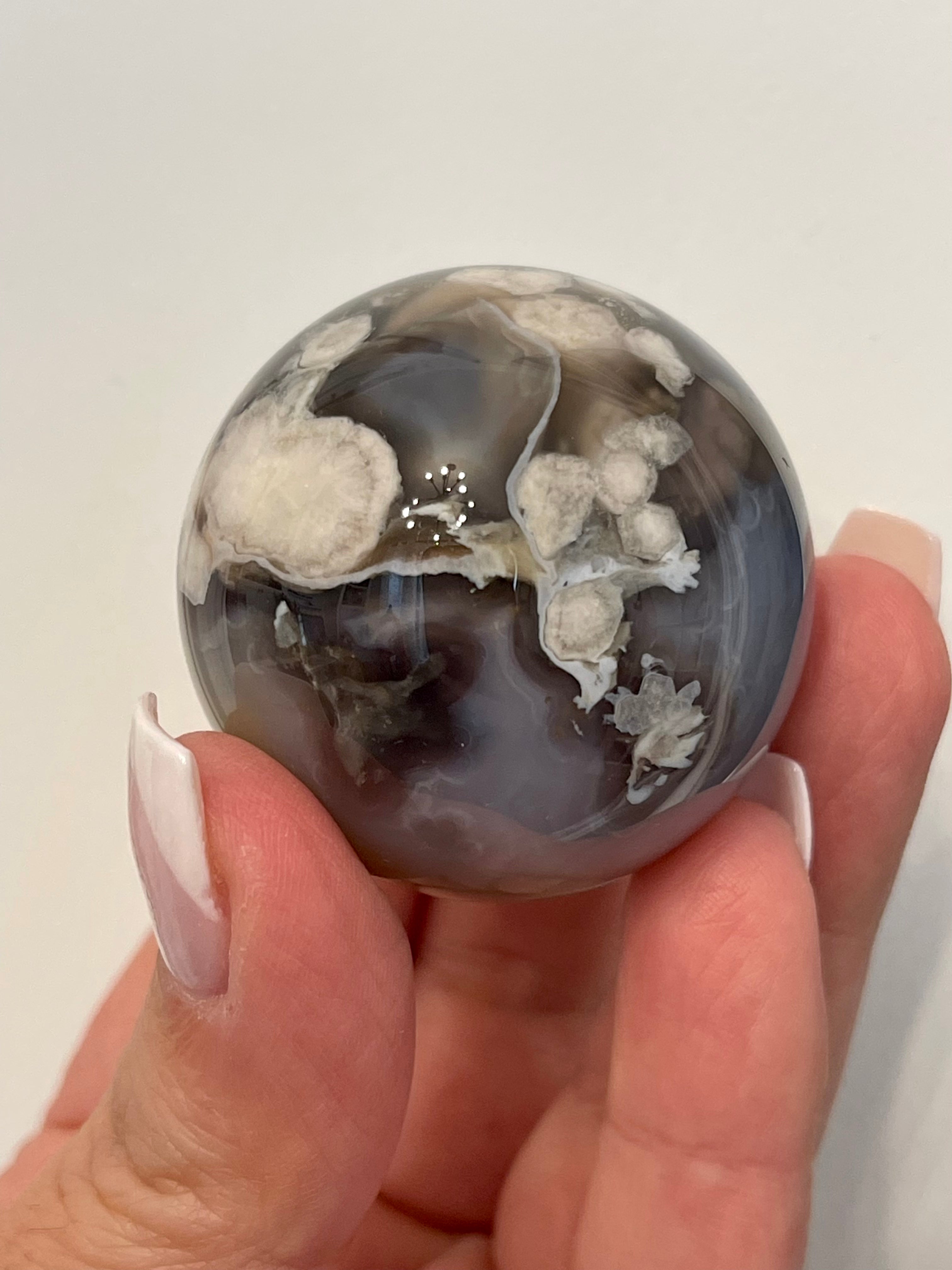 Black Flower Agate Sphere from Madagascar. 40.2mm